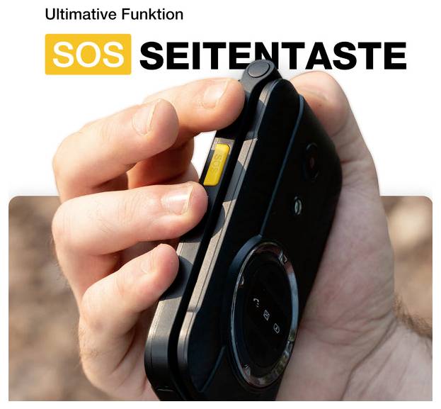 Hand, die ein Smartphone mit einer prominenten gelben Seitentaste 