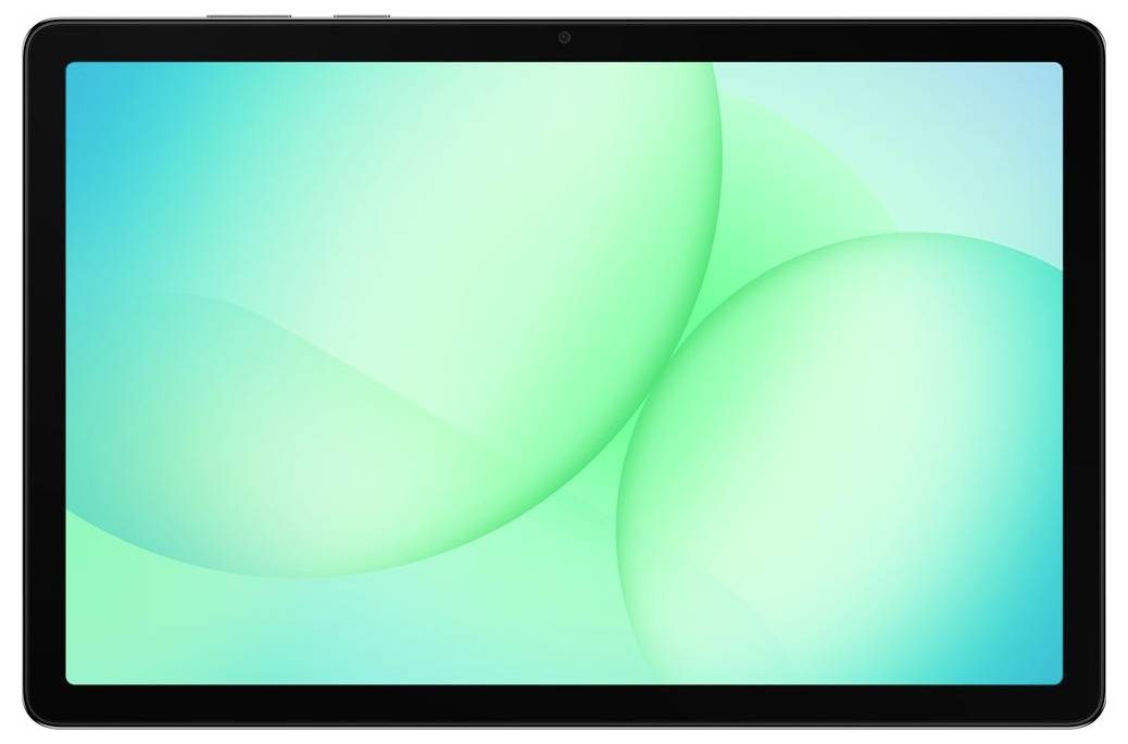 Ein Tablet mit schwarzem Rahmen zeigt ein abstraktes Hintergrundbild in Blaugrün und Mintgrün mit sich überlappenden weichen ovalen Formen.