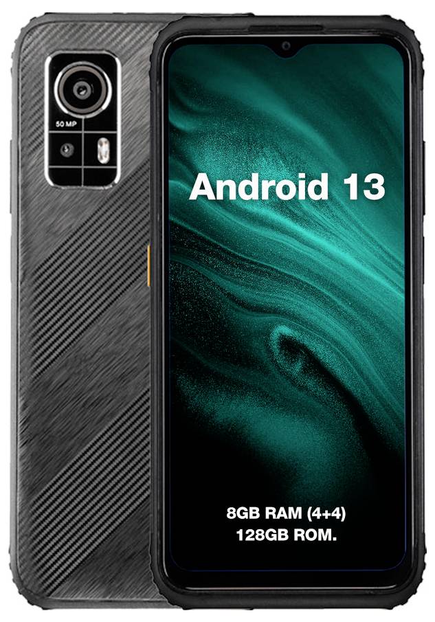 Schwarzes Smartphone mit hinterem Kameramodul und Bildschirm mit Anzeige von „Android 13