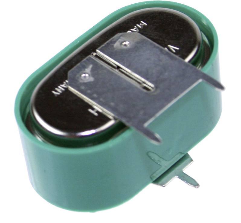 Kleiner grüner Knopfzellenbatteriehalter mit Metallkontakten und zwei Befestigungslaschen, gezeigt auf weißem Hintergrund.