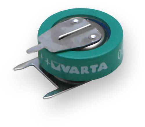 Kleine grüne VARTA-Knopfzellenbatterie mit befestigten Metallkontakten.