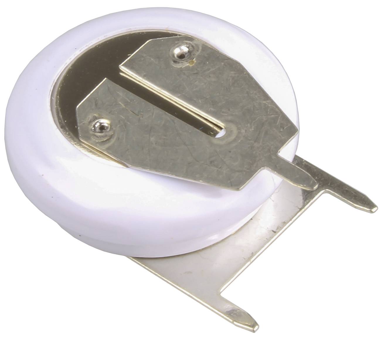 Nahaufnahme eines runden Knopfzellenbatteriehalters mit Metallkontakten und Befestigungslaschen auf weißem Hintergrund.