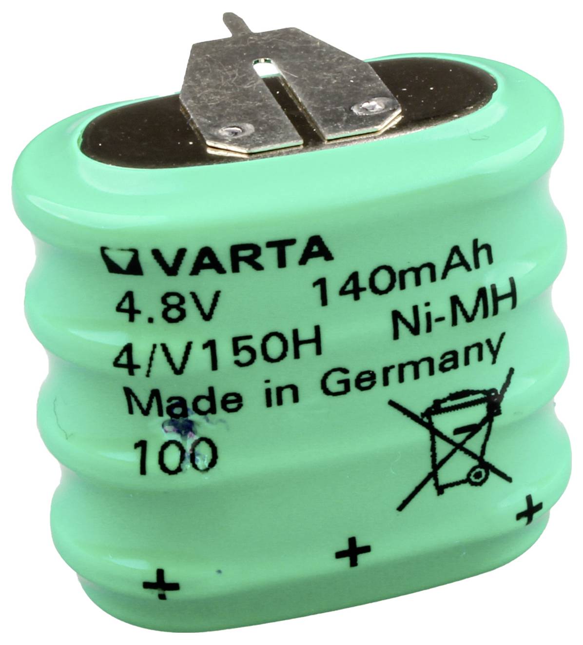 Grünes Varta 4,8V 140mAh Ni-MH wiederaufladbares Batteriepack mit Metallklemme oben.