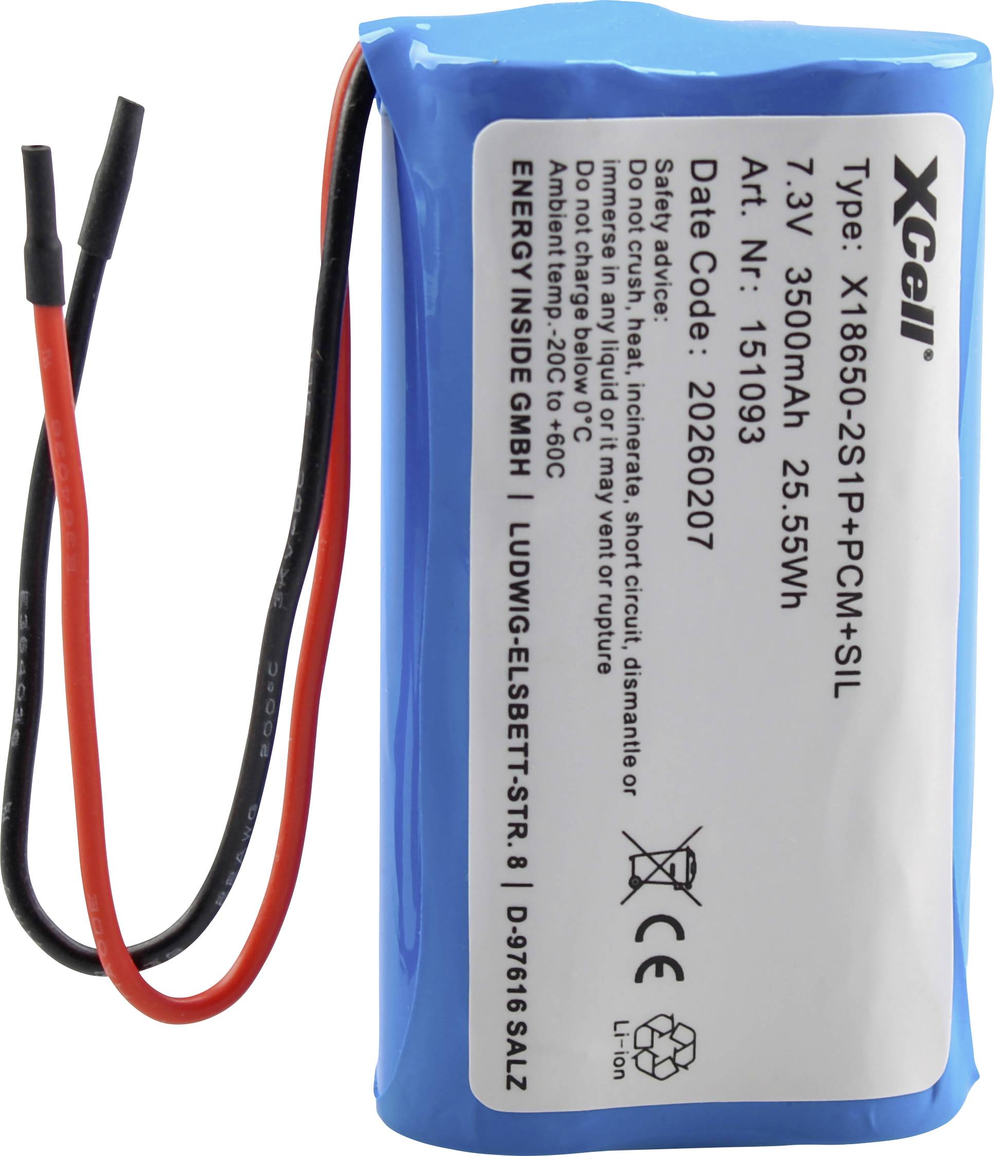 Blauer Lithium-Ionen-Akku mit roten und schwarzen Kabeln, beschriftet mit „XCell