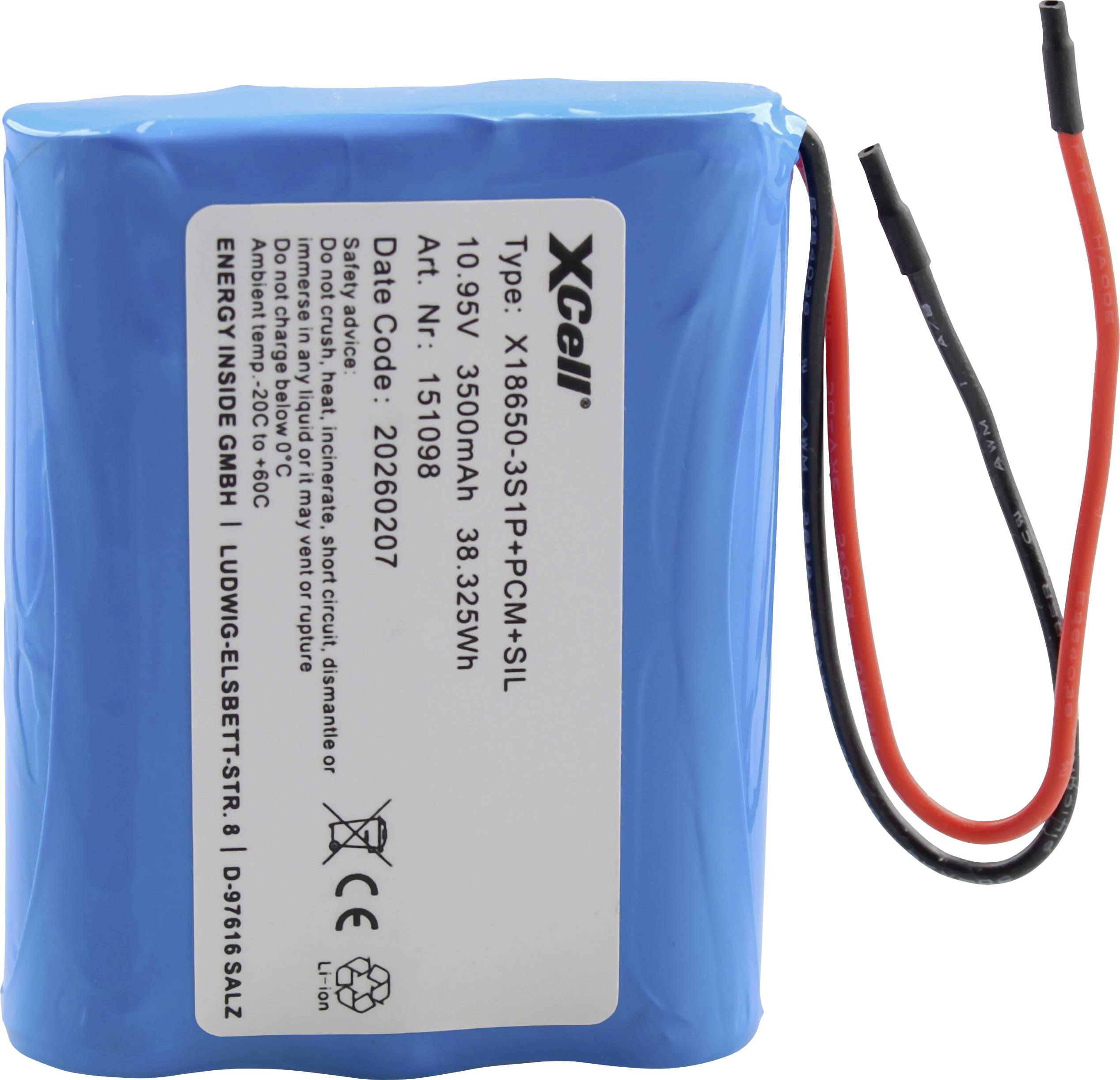 Blauer Lithium-Ionen-Akkupack mit roten und schwarzen Kabeln, beschriftet mit „Xcell