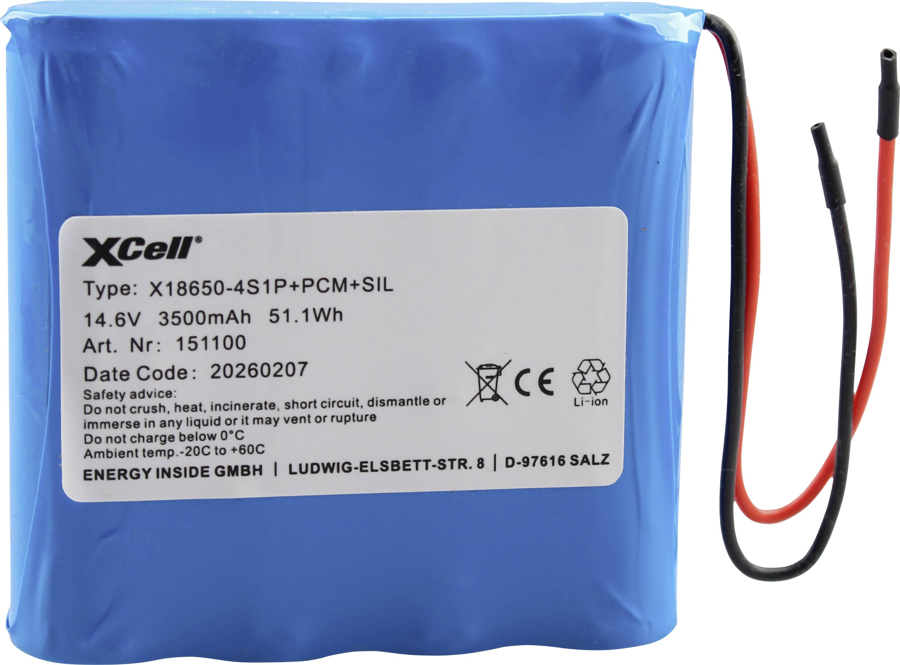 Blauers Lithium-Ionen-Akkupack mit Etikett mit XCell-Modelldetails, 14,6V 3500mAh und roten/schwarzen Kabeln zum Anschluss