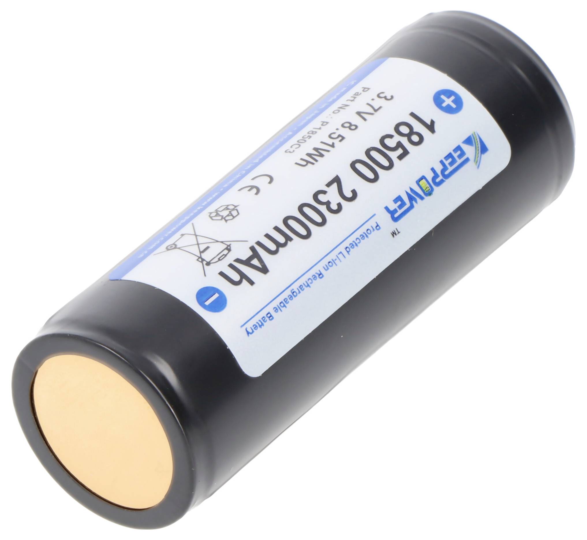 Eine schwarze zylindrische wiederaufladbare Batterie mit der Aufschrift 