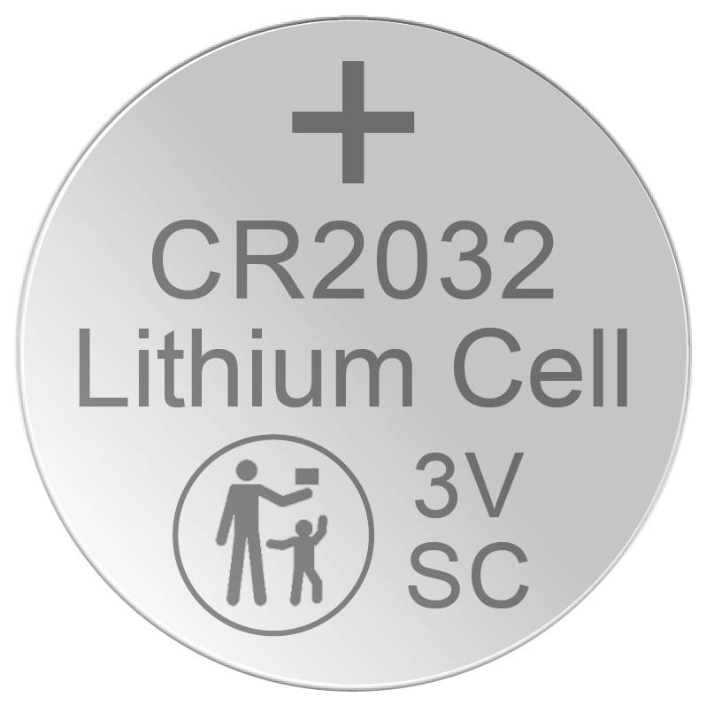 CR2032 3V Lithium-Knopfzellenbatterie mit Pluspol-Markierung und Kindersicherheitswarnsymbol.