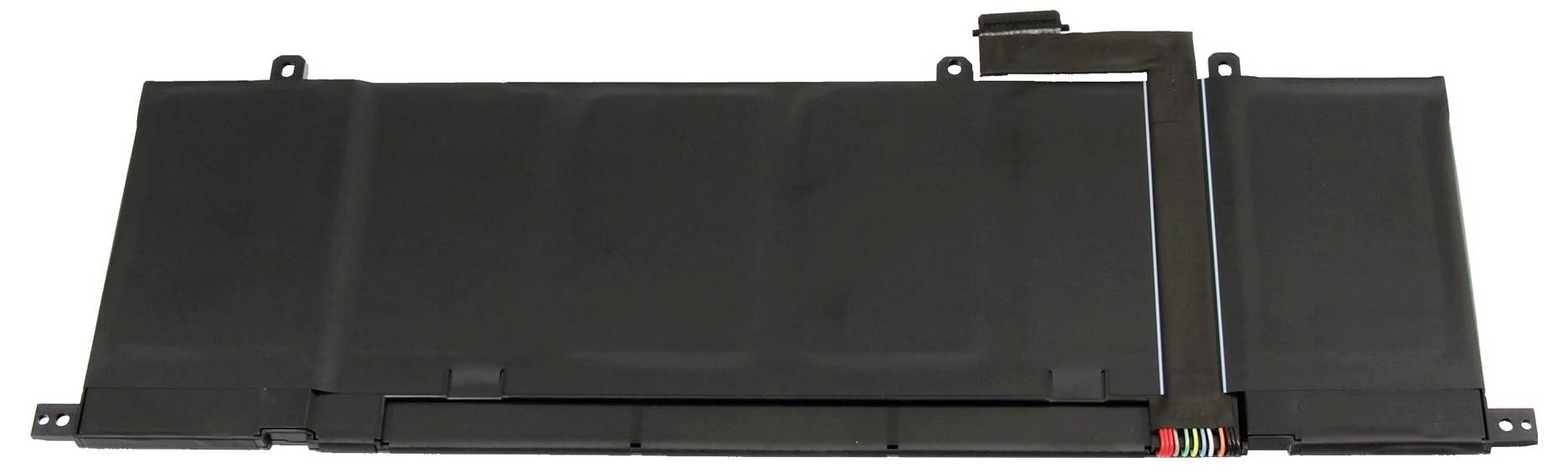 Schwarzes rechteckiges elektronisches Batteriepack oder Strommodul mit Befestigungslaschen und sichtbaren Anschlussdrähten auf der rechten Seite.