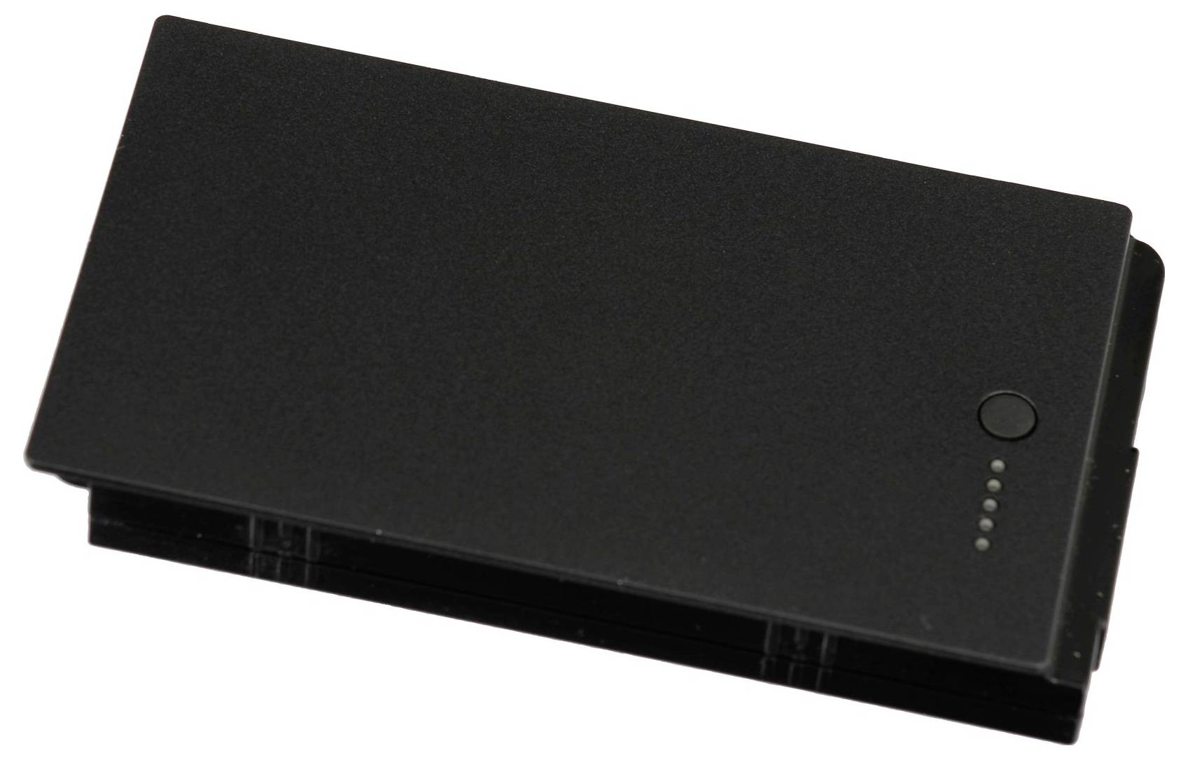 Schwarzes rechteckiges elektronisches Gerät mit einem runden Knopf und vier Status-LEDs auf der Vorderseite.