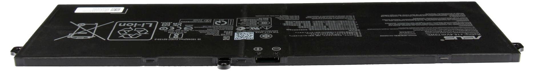 Lange schwarze rechteckige Elektronikgerät mit gedruckten Etiketten und Warnsymbolen, horizontal auf weißem Hintergrund dargestellt.