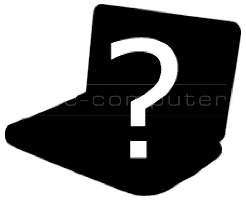 Schwarze Laptop-Silhouette mit einem großen weißen Fragezeichen auf dem Bildschirm, das auf einen unbekannten oder nicht identifizierten Computer hindeutet.