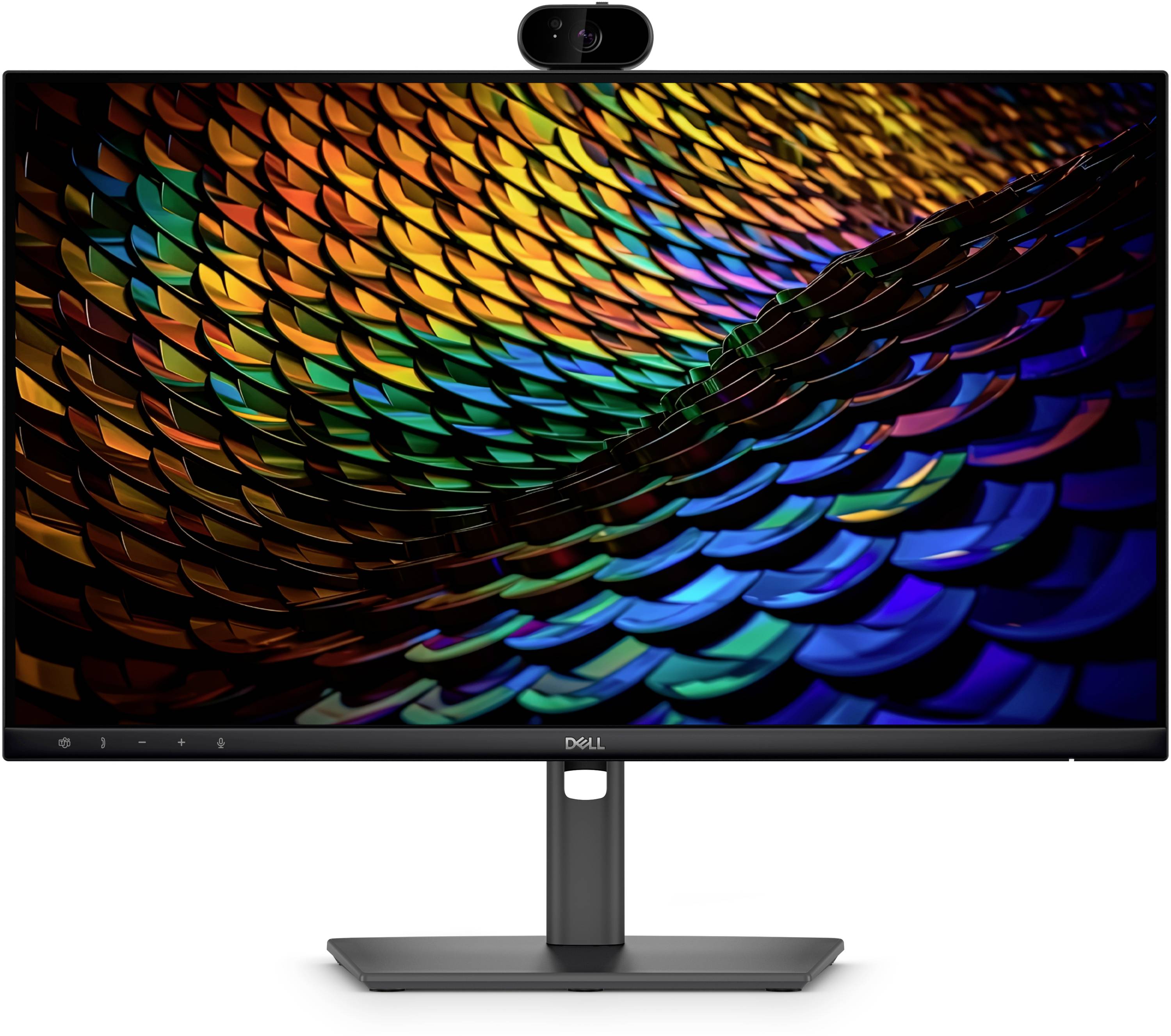 Dell-Monitor mit integrierter Webcam, die auf dem Bildschirm eine farbenfrohe abstrakte schuppenförmige Anzeige zeigt.