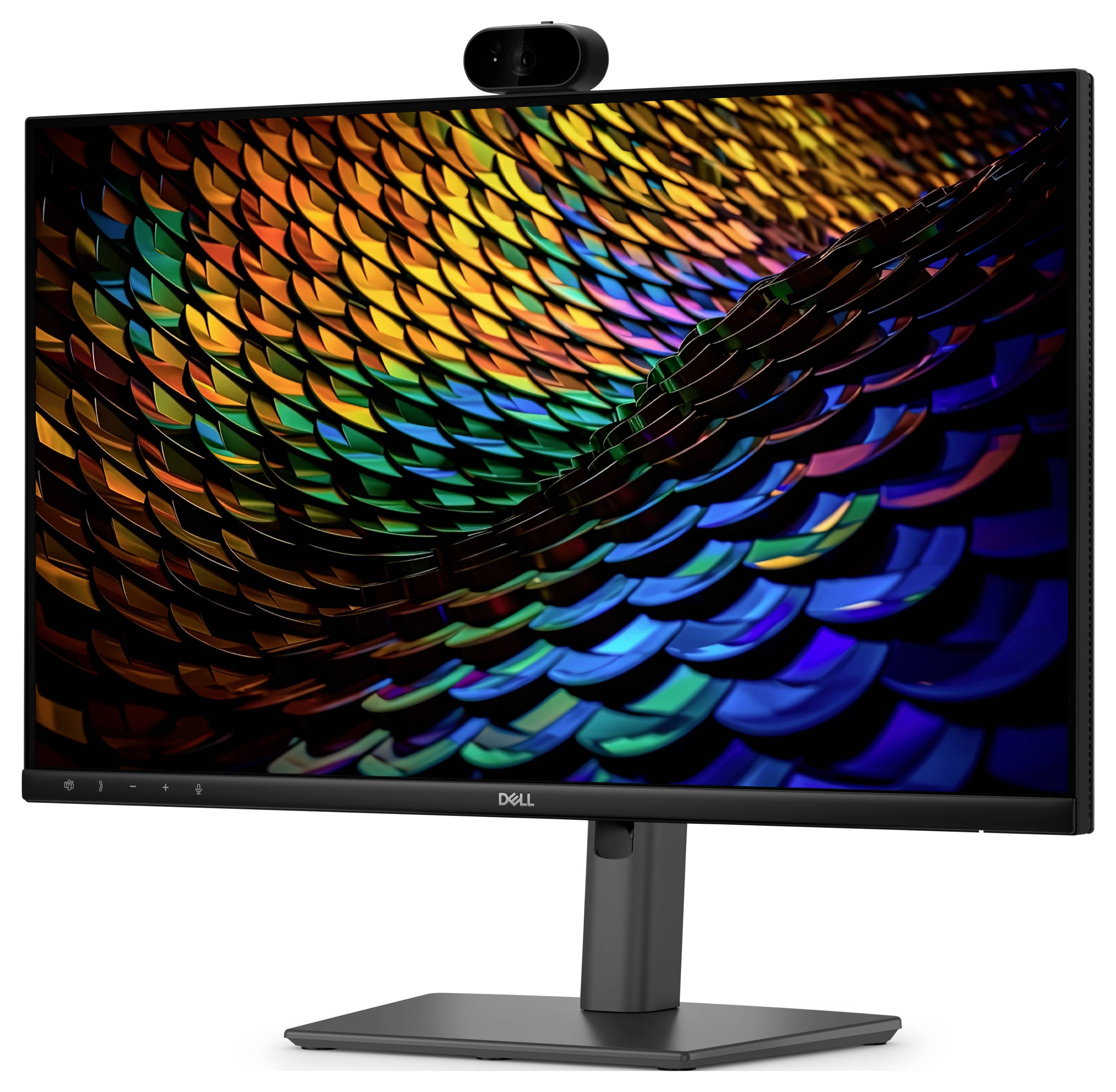 Dell-Desktop-Monitor mit integrierter Webcam, auf dem ein farbenfroches abstraktes schuppenartiges Muster auf dem Bildschirm angezeigt wird.