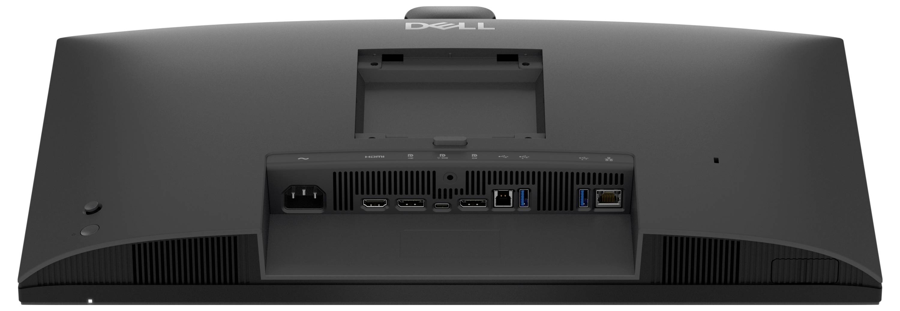 Rückansicht eines Dell-Monitors mit den hinteren Anschlüssen und der Ständerhalterung.