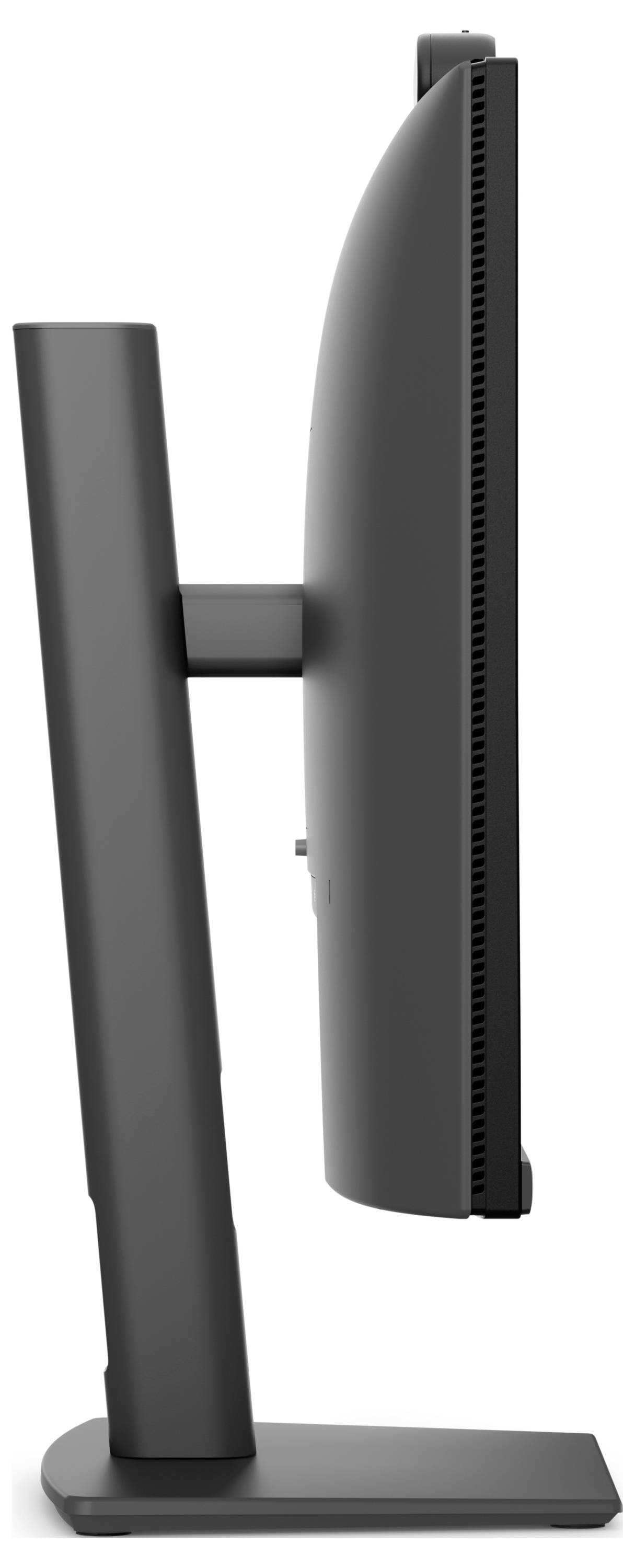 Seitenansicht eines schwarzen Computermonitors auf einem rechteckigen Ständer, der das schlanke Displaypanel und den verstellbaren Supportarm zeigt.