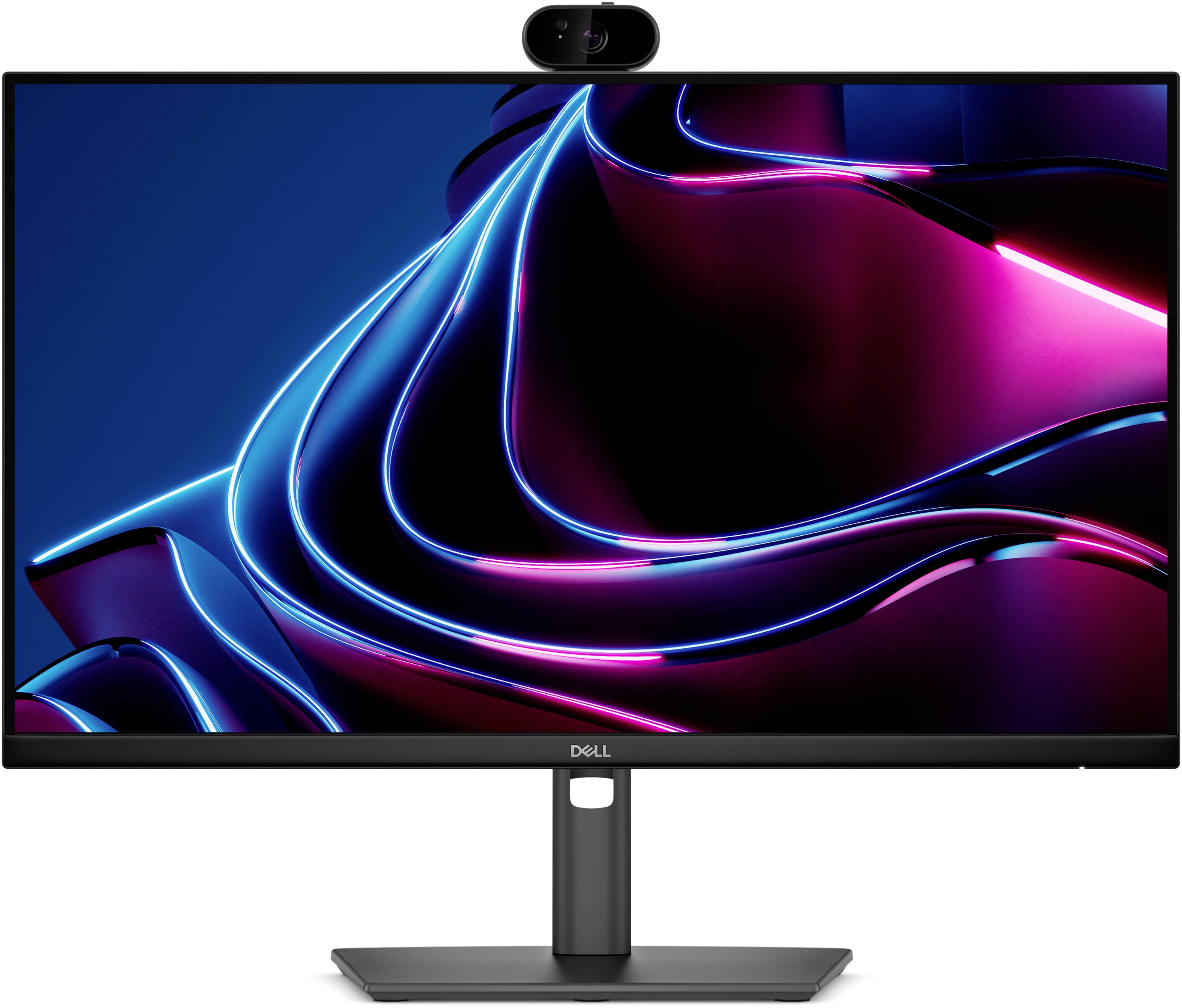 Ein Dell-Desktop-Monitor, der ein abstraktes blaugrün und schwarzes wellenförmiges Hintergrundbild auf einem Ständer vor weißem Hintergrund anzeigt.