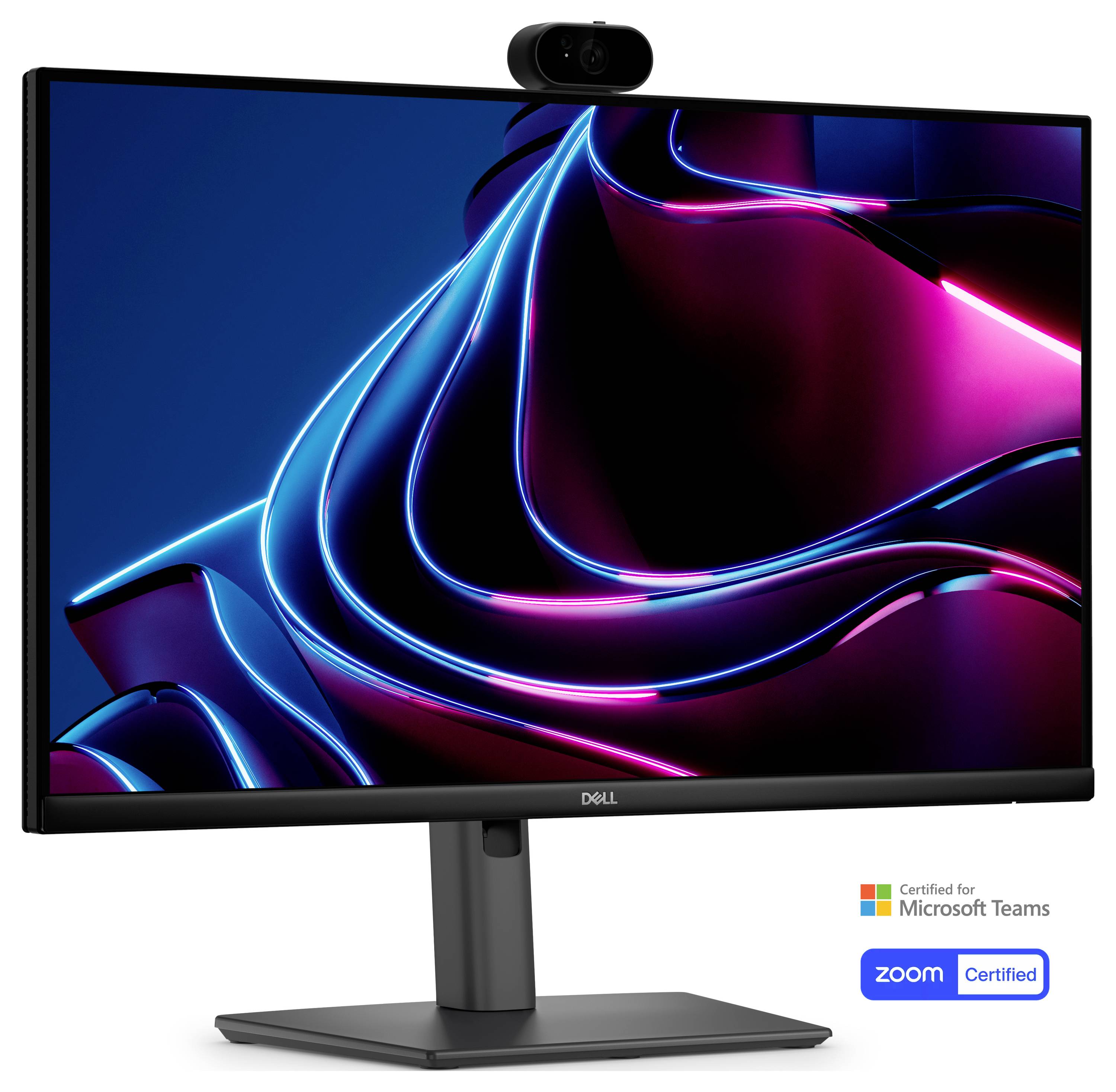 Dell Monitor mit integrierter Webcam zeigt abstrakte blaue und rosa Lichtstreifen an, mit Microsoft Teams und Zoom zertifizierten Abzeichen