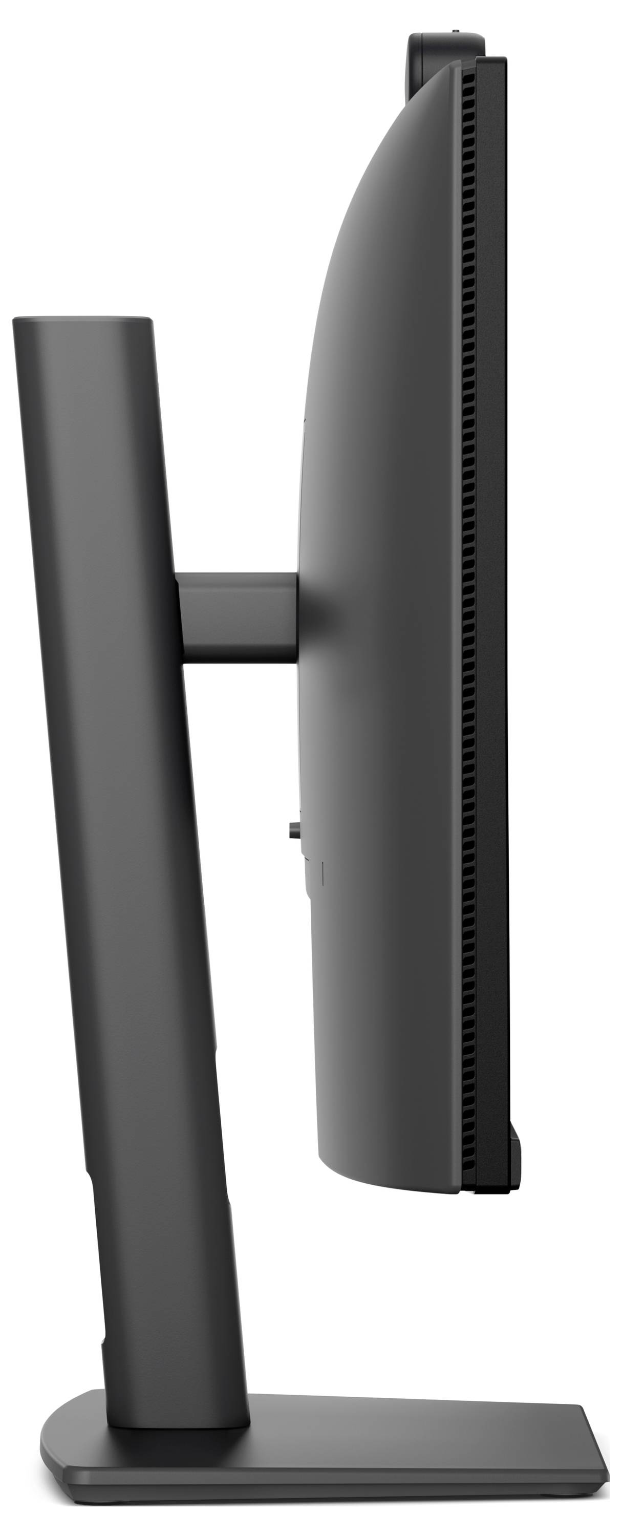 Seitenansicht eines schwarzen Desktop-Monitors auf einem Ständer mit rechteckiger Basis, die die Dicke des Bildschirms und die hintere Belüftung zeigt.