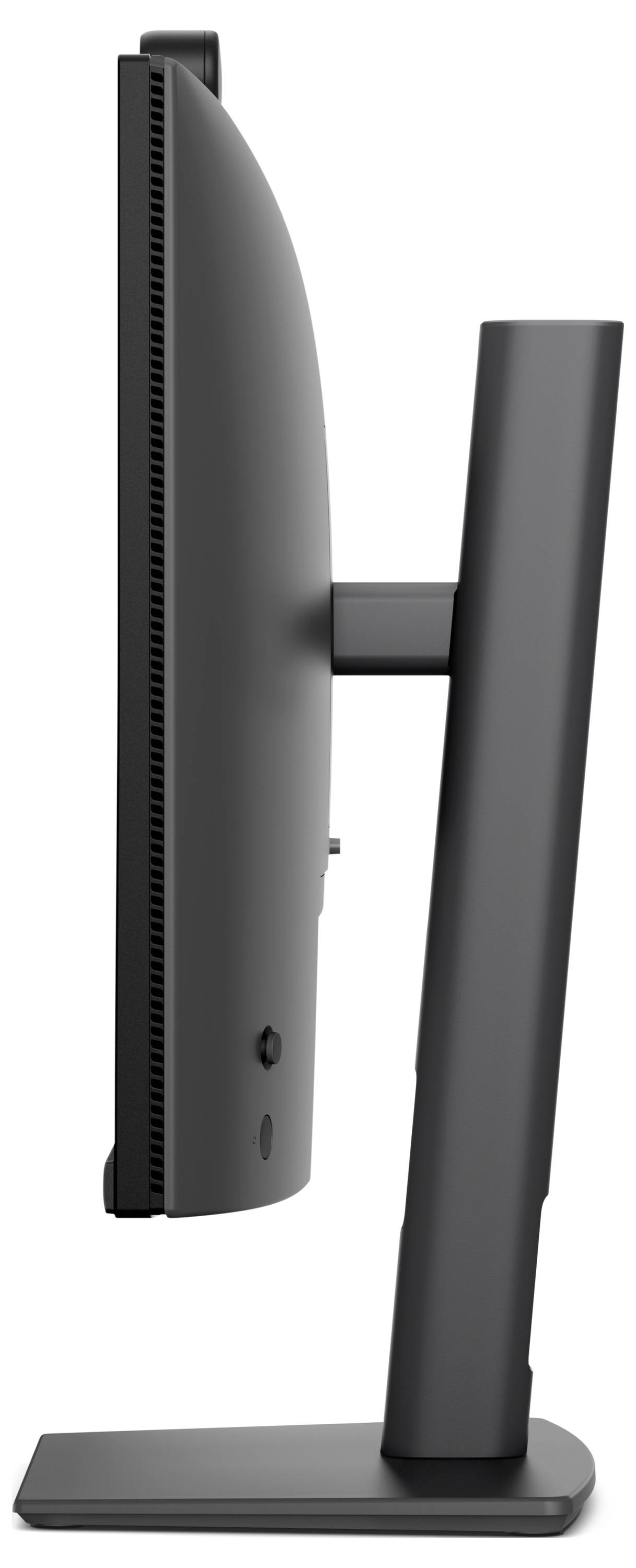 Seitenansicht eines Flachbildschirm-Computermonitors auf einem Ständer mit rechteckiger Basis.