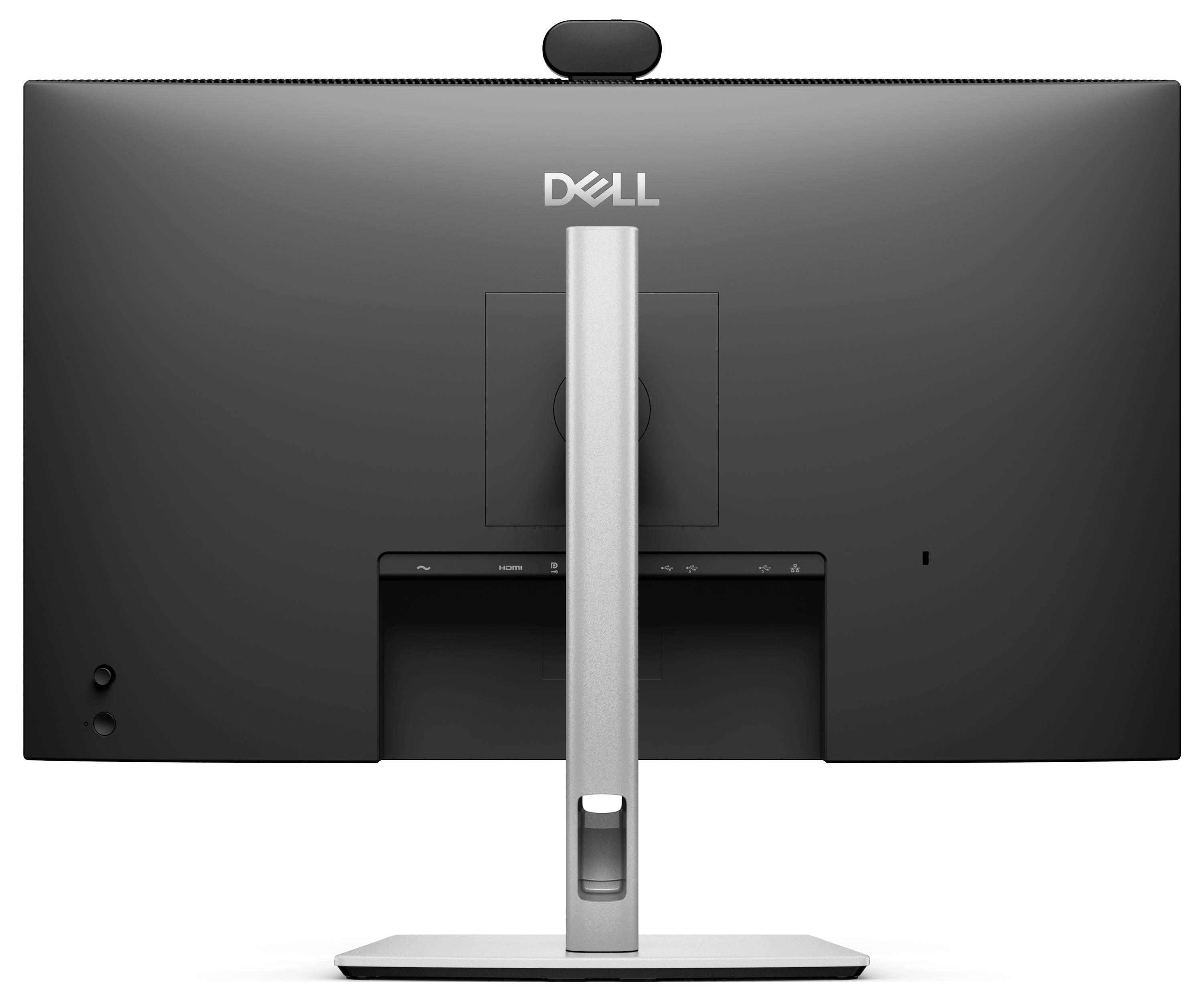 Rückansicht eines Dell-Desktopmonitors auf einem silbernen Ständer mit einer zentriert oben angebrachten Webcam.