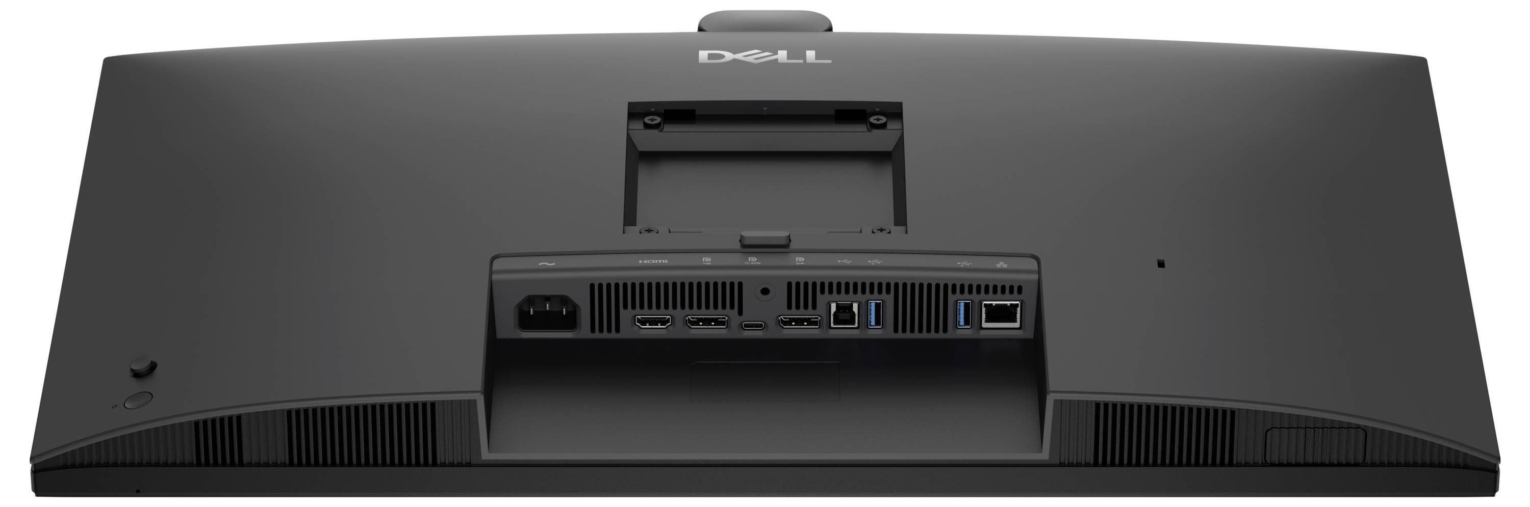 Rückansicht eines Dell All-in-One-Desktop-Monitors mit integrierten Anschlüssen und Lüftungsöffnungen auf einem schwarzen Ständer.