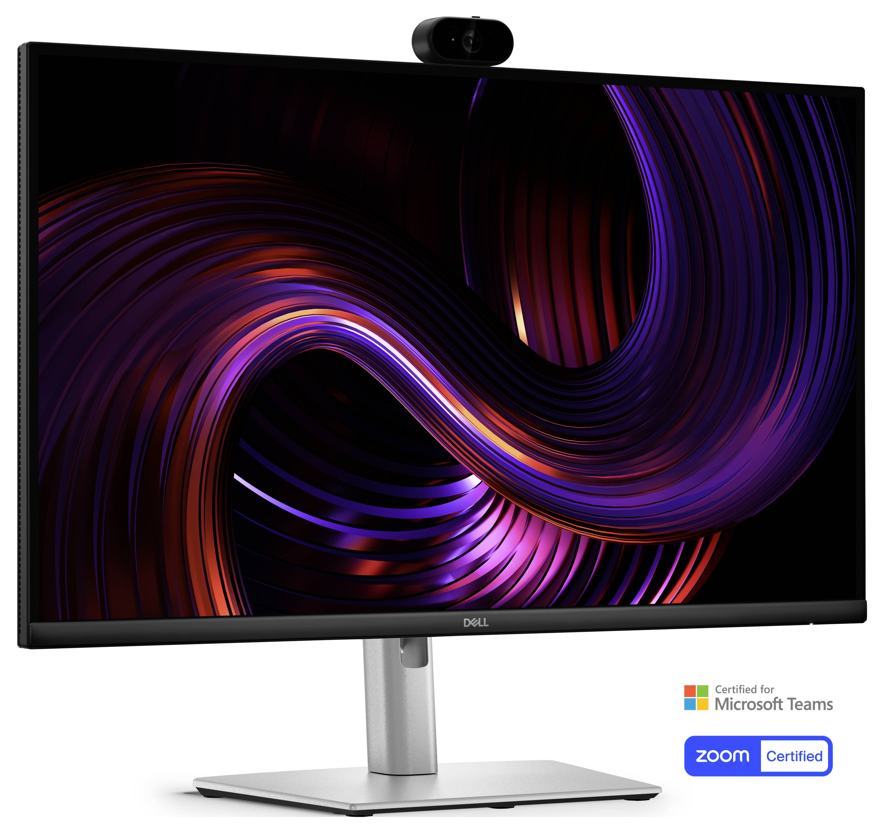 Dell-Monitor mit integrierter Webcam, auf dem abstrakte lila und orange Wirbelkunst angezeigt wird, mit Microsoft Teams- und Zoom-Zertifizierungsabzeichen.