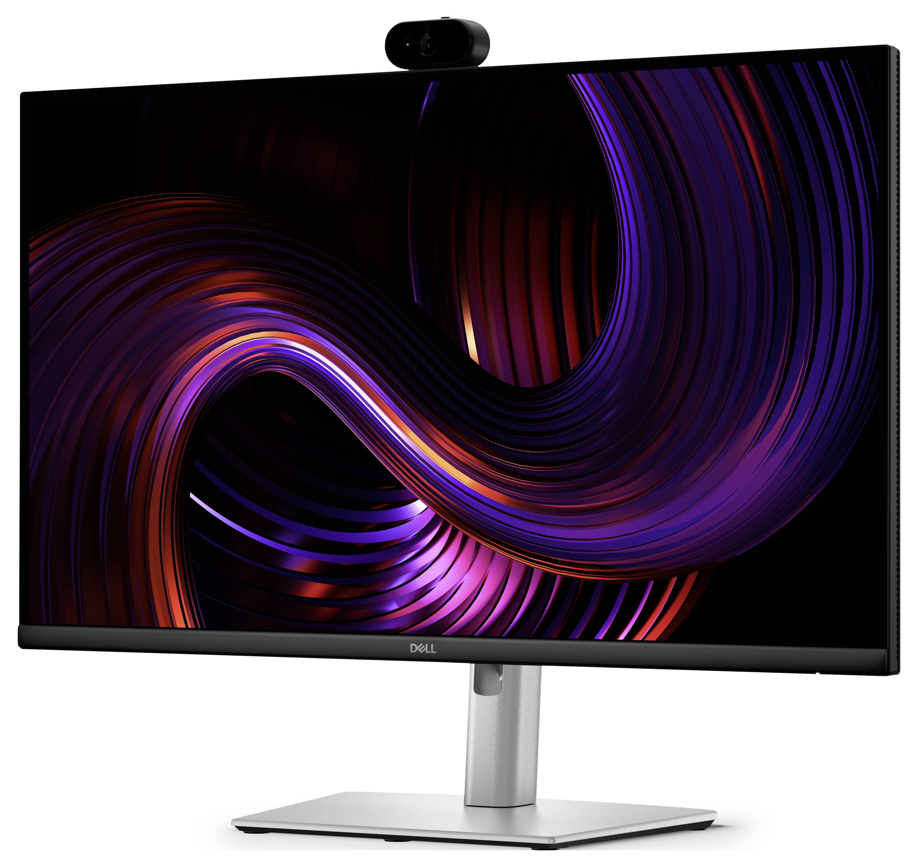 Dell-Desktop-Monitor mit einer auf der Oberseite montierten Webcam, die abstrakte lila und orange Wirbelgrafiken auf schwarzem Hintergrund anzeigt.