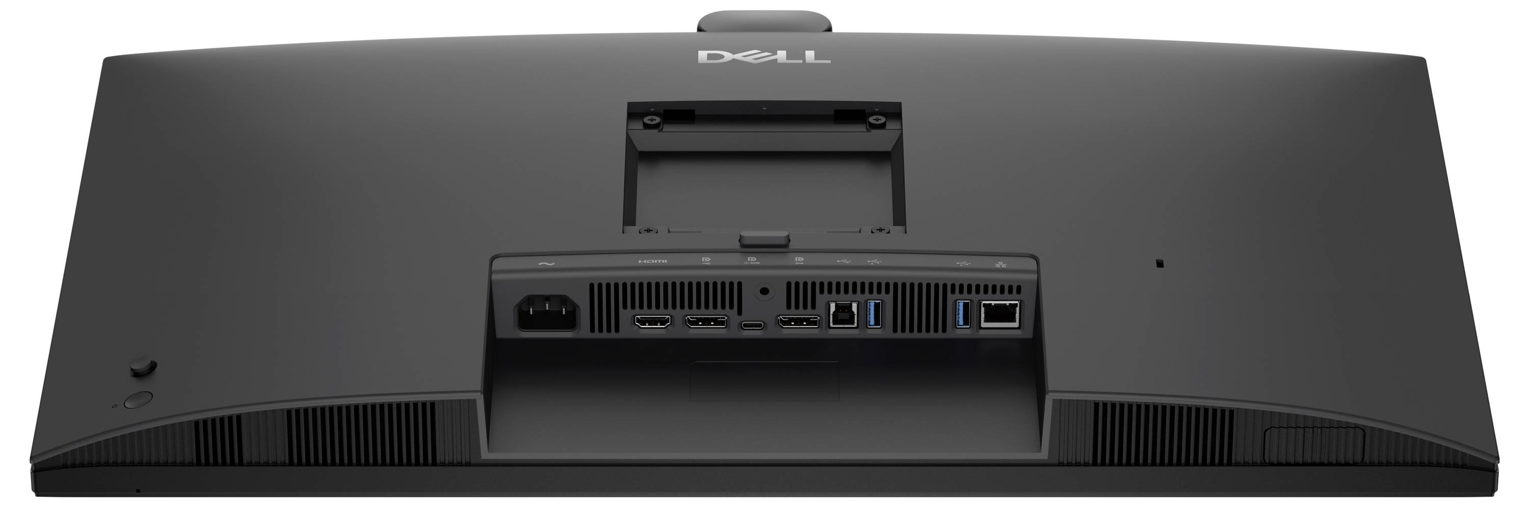 Rückansicht eines weißen BenQ-Desktop-Monitors auf einem Ständer, die das verstellbare hintere Bedienfeld und die Kabelöffnung zeigt.