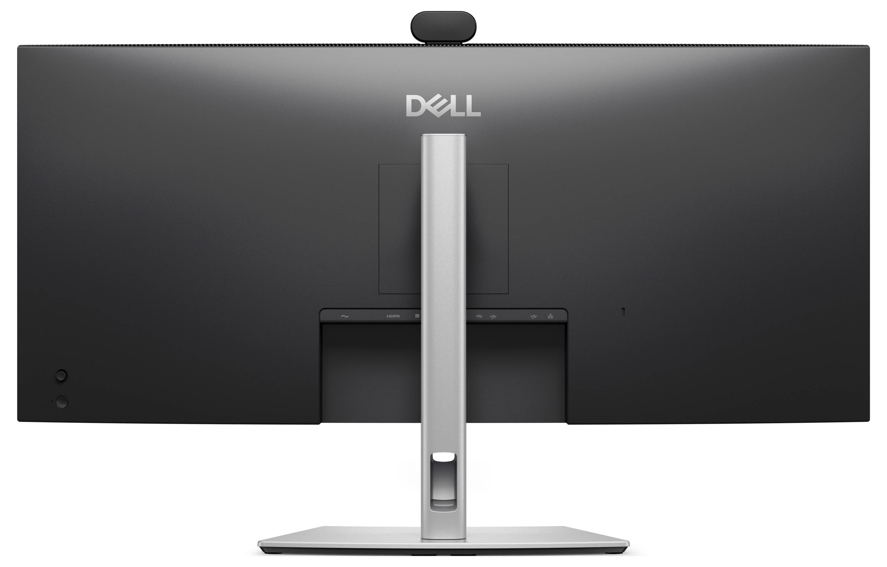 Rückansicht eines Dell-Desktopmonitors auf einem silbernen Ständer mit einer zentrierten Webcam-Halterung an der Oberseite.