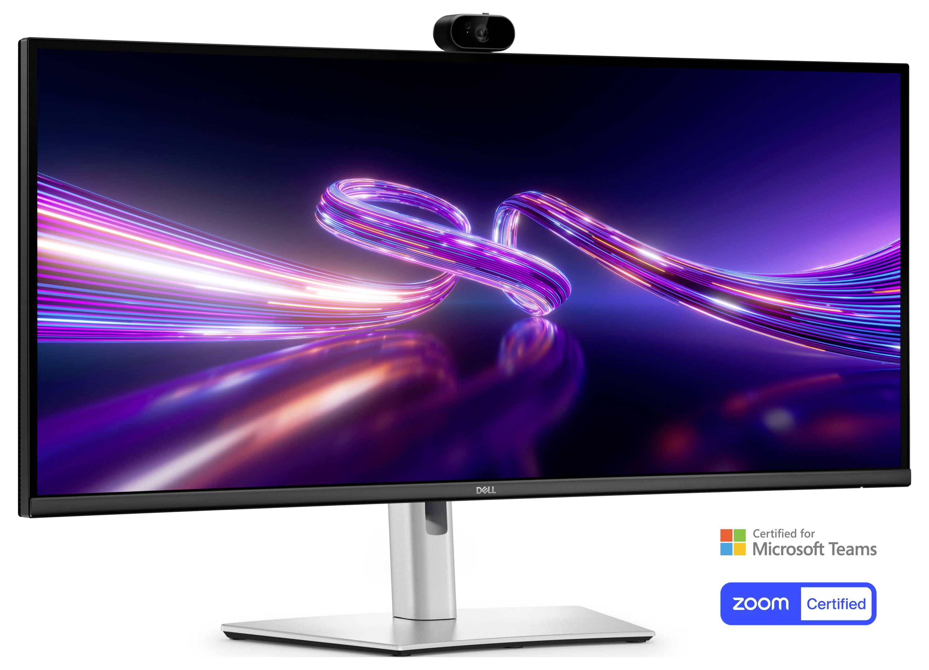 Dell-Monitor zeigt abstrakte Neonlichtstreifen an, mit Webcam oben und Microsoft Teams- und Zoom-Zertifizierungslogos unten.