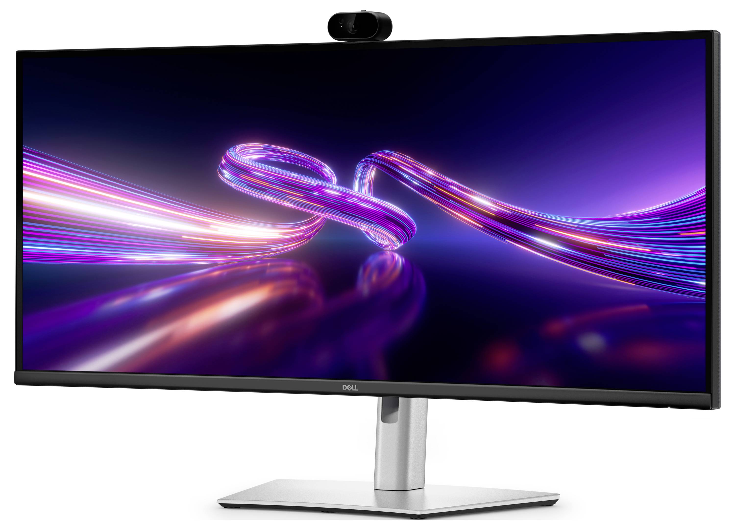Dell Ultrawide-Monitor mit Webcam, auf dem abstrakte Neon-Lichtbänder auf dunklem violettem Hintergrund angezeigt werden.
