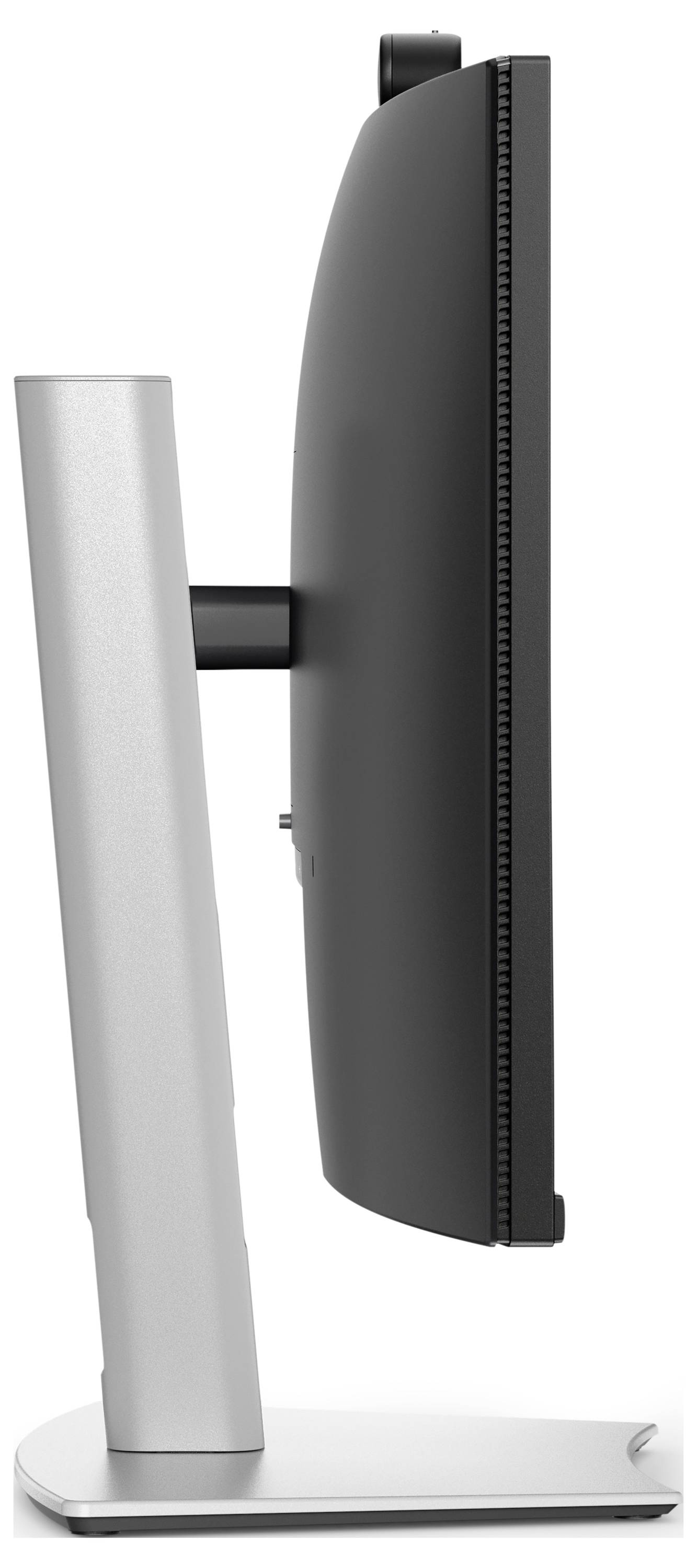 Dell-Desktop-Monitor, der auf einem Ständer vor weißem Hintergrund ein violettes abstraktes Bandmuster-Hintergrundbild auf schwarzem Bildschirm anzeigt.