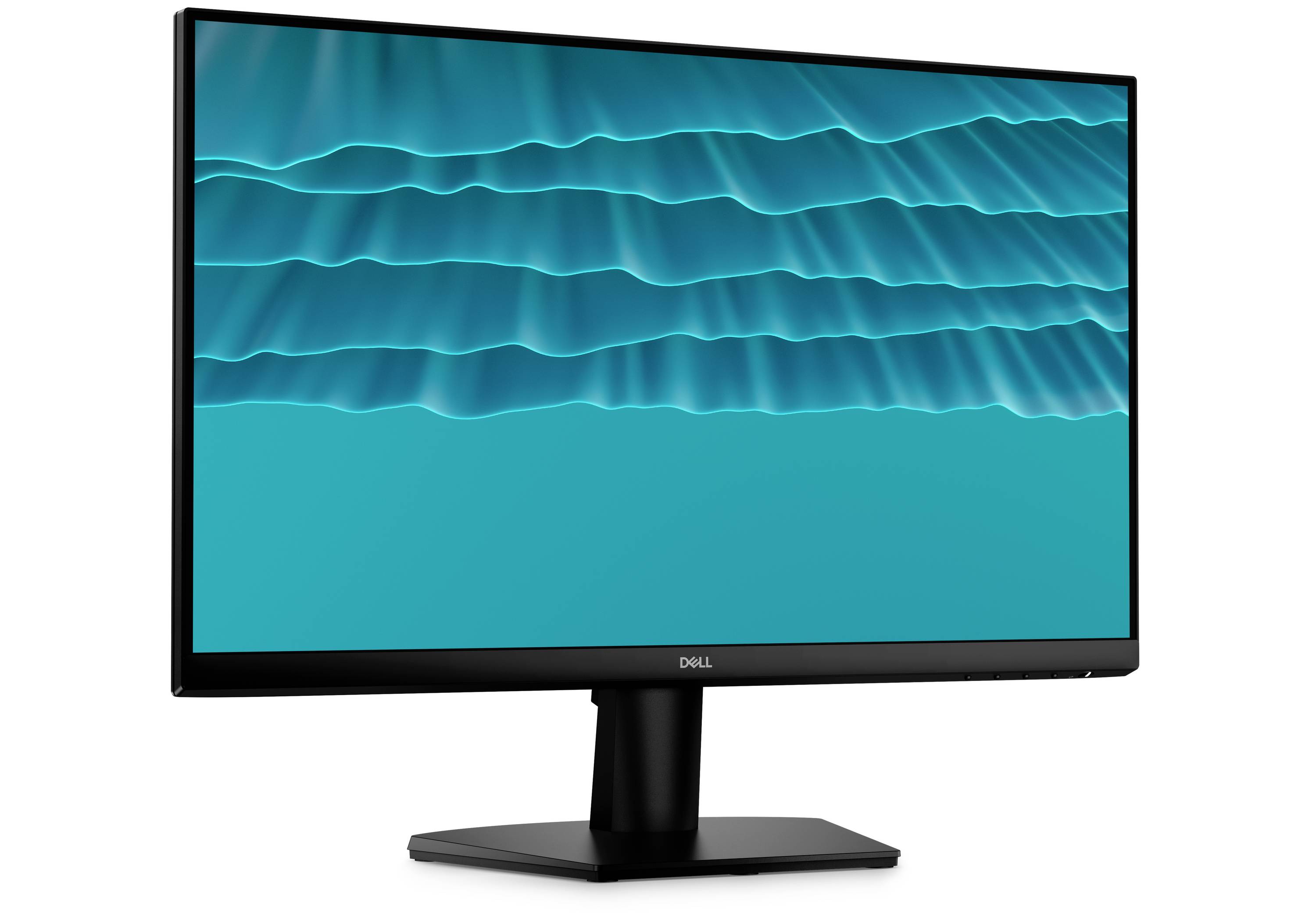 Schwarzer Dell-Computermonitor mit einem blaugrünen abstrakten Wellenmuster auf weißem Hintergrund.
