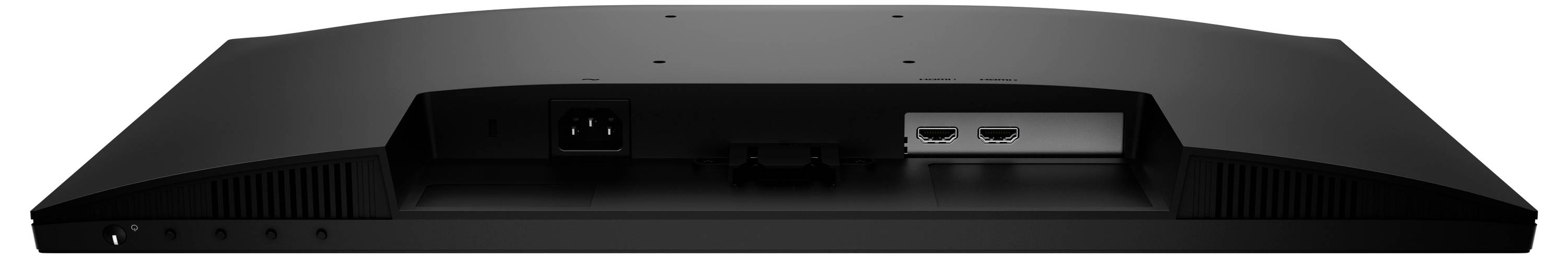 Rückansicht eines Flachbildfernsehers mit Anschlüssen und Steckverbindern, einschließlich Stromeingang und HDMI-Anschlüssen, auf einem schwarzen Rückfeld.