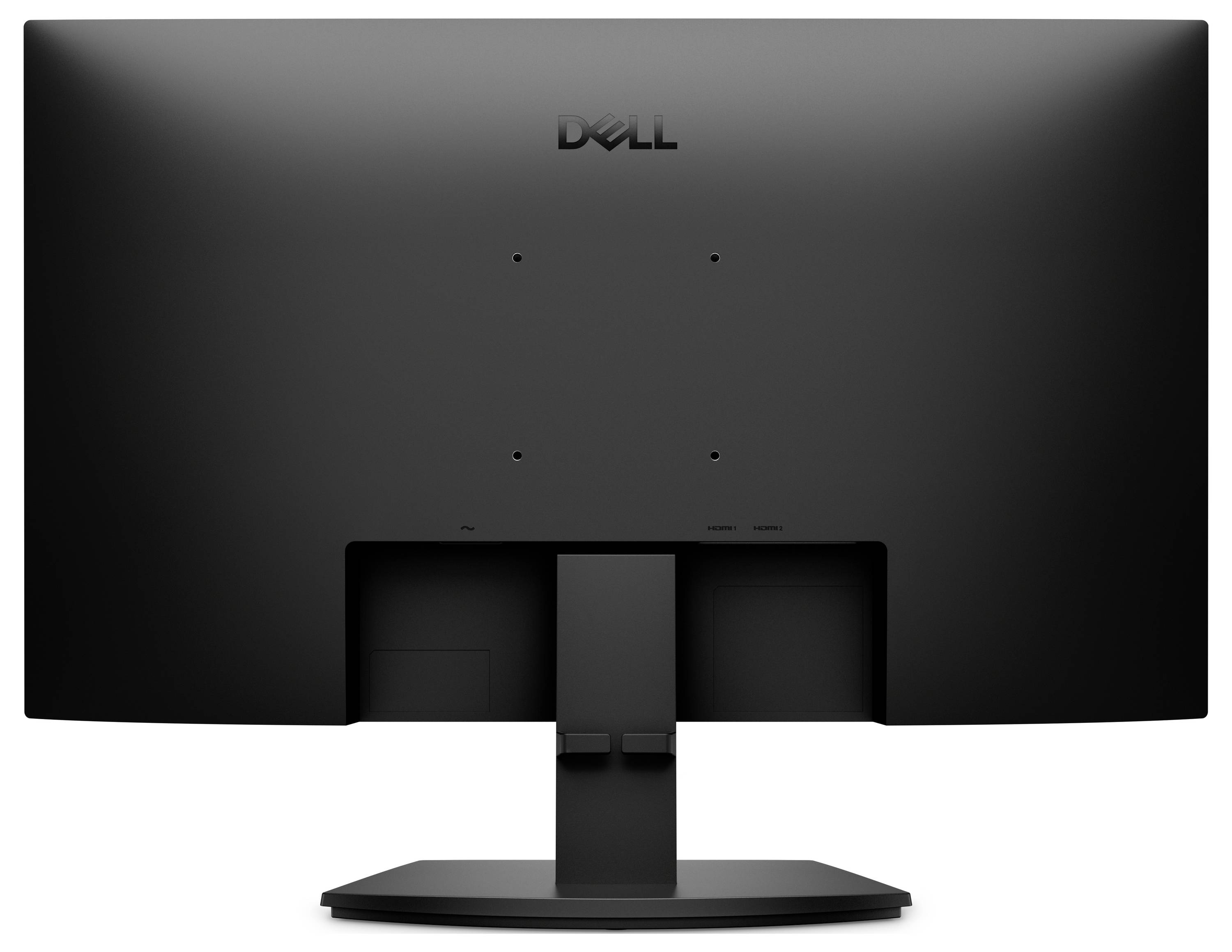 Rückansicht eines Dell-Computermonitors auf einem Ständer, der die Rückseite und den Sockel auf weißem Hintergrund zeigt.