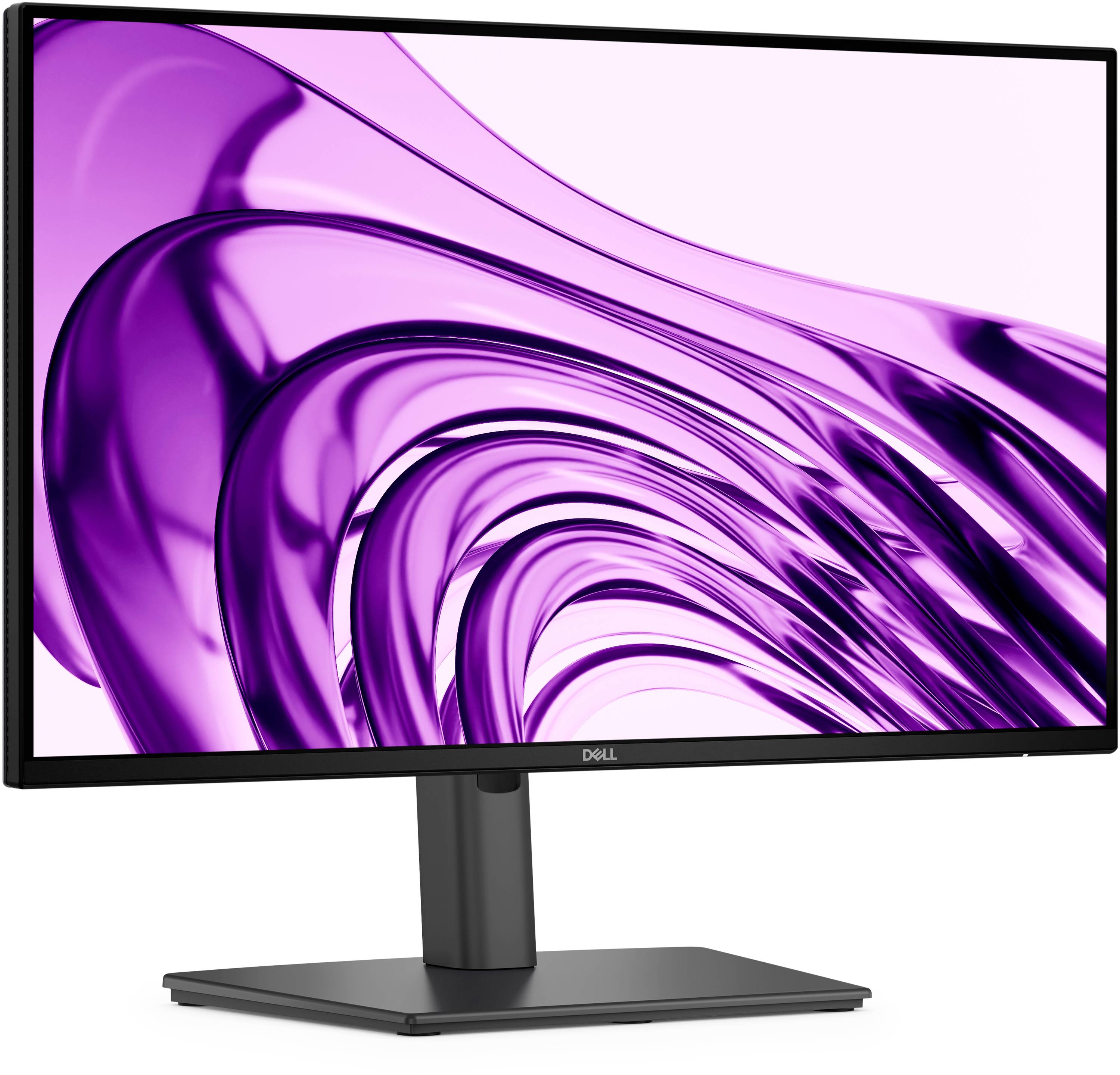 Dell-Monitor zeigt eine abstrakte lila Wirbelform-Tapete auf weißem Hintergrund an.