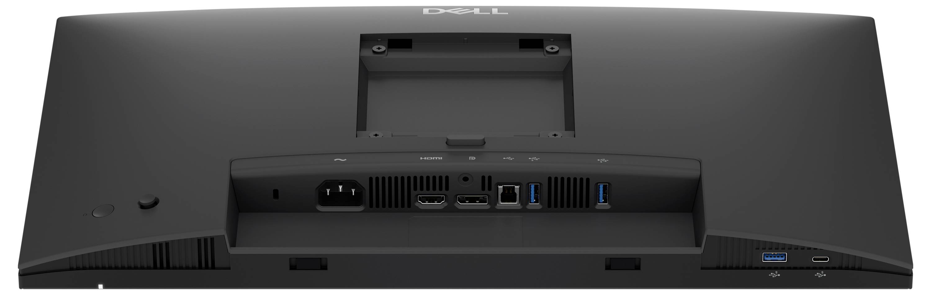 Dell-Computermonitor mit abstraktem violettem Wellengrafik auf weißem Hintergrund.