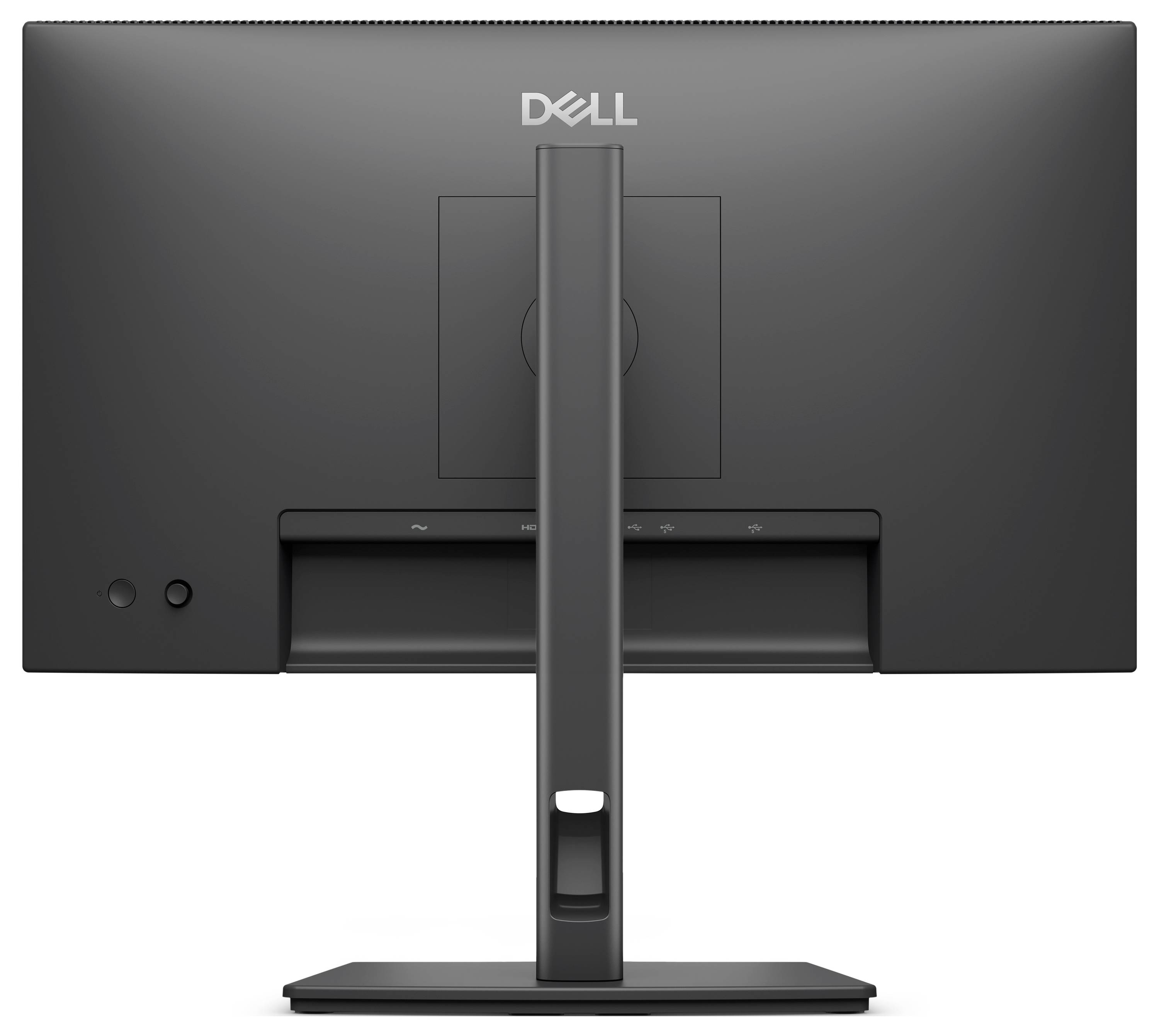 Seitenansicht eines eleganten Computermonitors auf einem Ständer mit rechteckiger Basis.