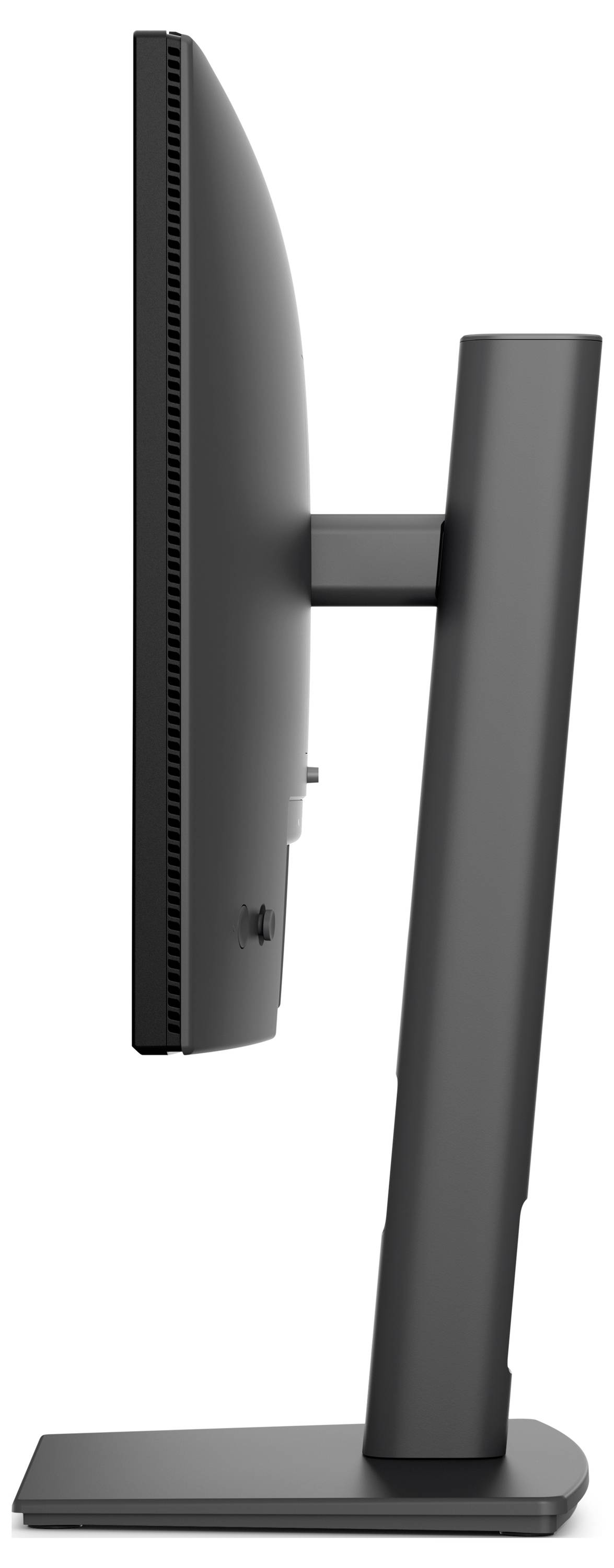 Seitenansicht eines schwarzen Computermonitors auf einem Ständer, der das schlanke Display, den Stützarm und die rechteckige Basis zeigt.