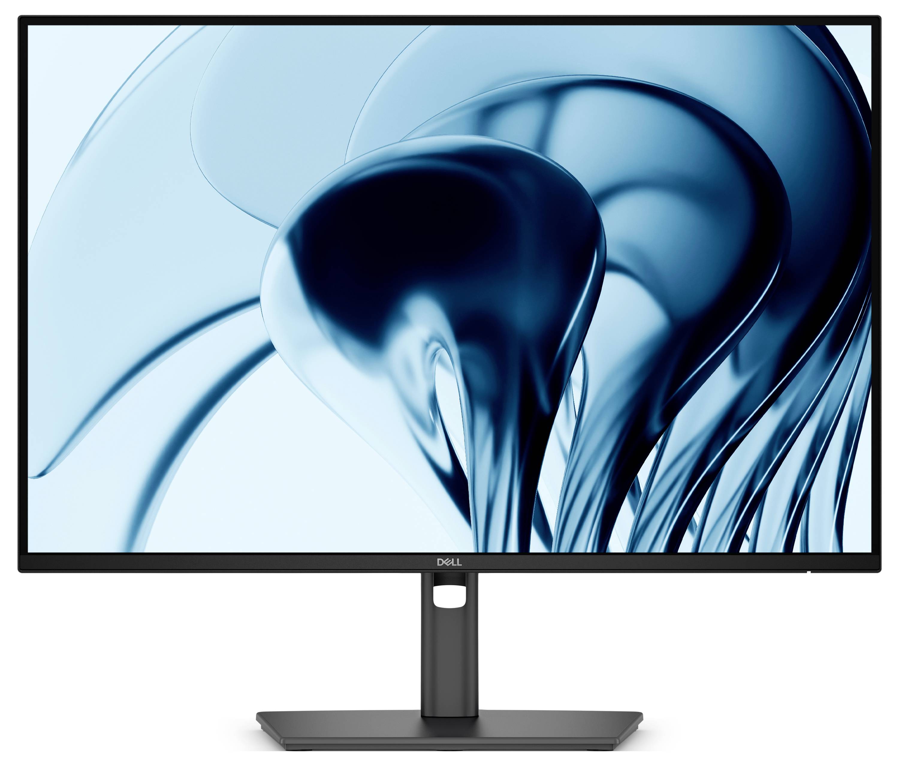 Dell-Computermonitor mit einer blauen abstrakten Wirbel-Tapete auf weißem Hintergrund.