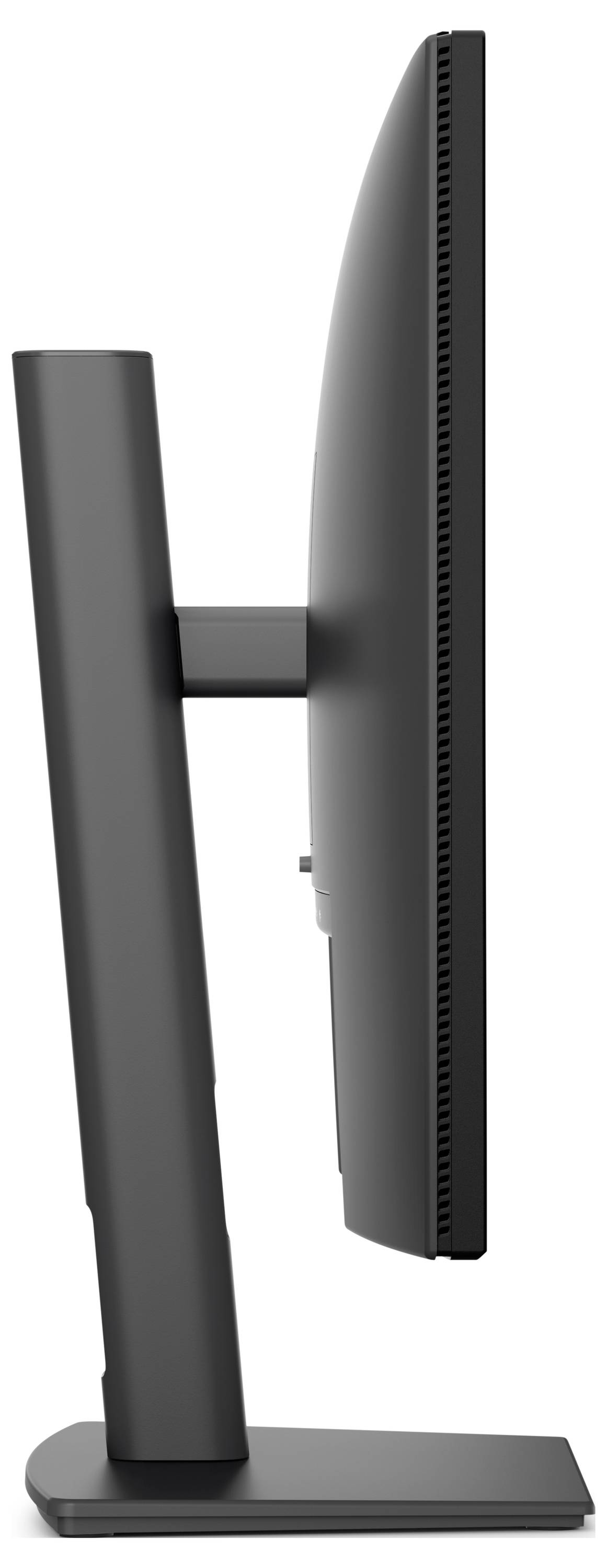 Seitenansicht eines schwarzen Desktop-Monitors auf einem rechteckigen Ständer, der den schlanken Bildschirm und den verstellbaren hinteren Stützarm zeigt.
