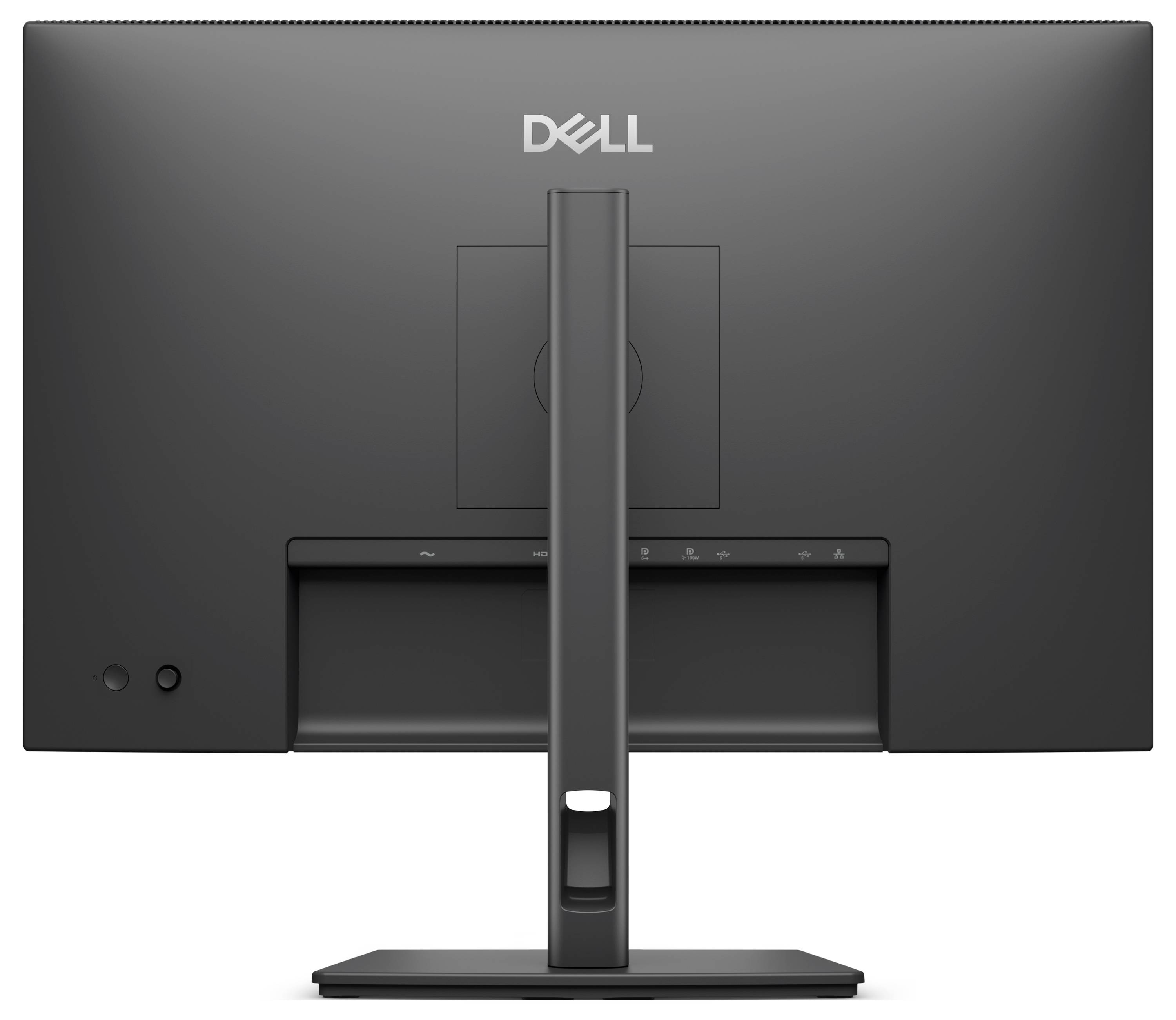 Rückansicht eines Dell-Monitors, die die Standhalterung, Eingabeanschlüsse, Belüftungsgitter und den integrierten Lautsprecherbereich zeigt.