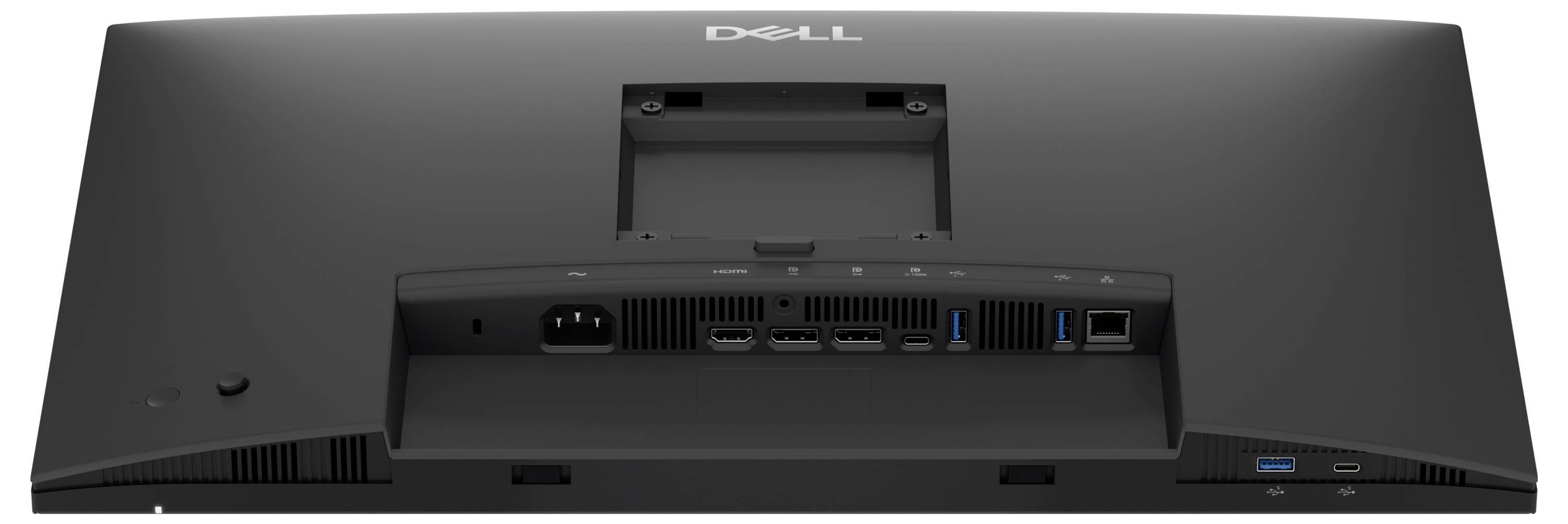 Rückansicht eines Dell All-in-One-Monitors mit VESA-Befestigung, hinteren E/A-Anschlüssen und Aussparung für den integrierten Ständer.