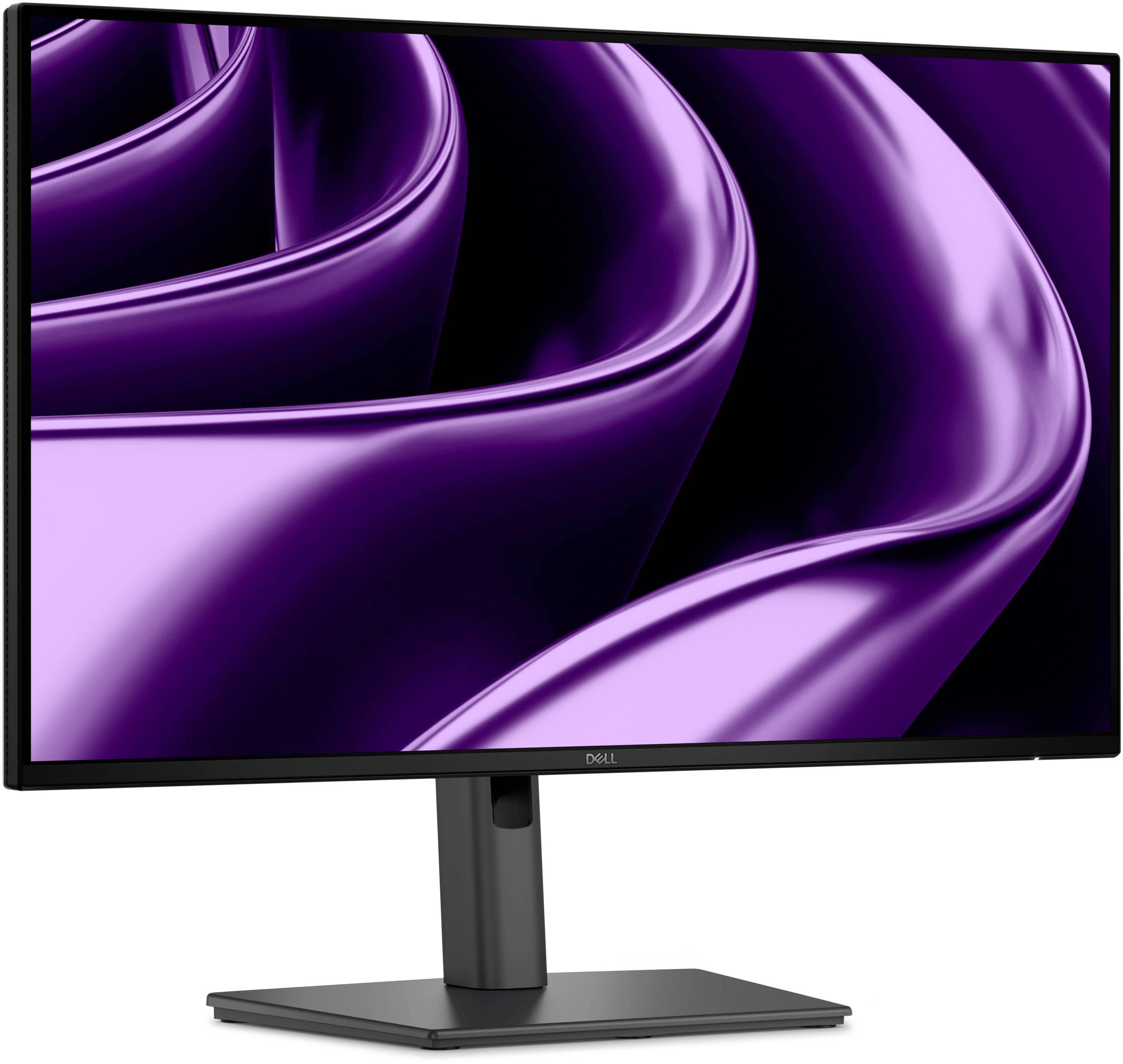 Dell-Monitor, der abstrakte violette Bandformen auf einem schwarzen Bildschirm anzeigt, auf einem Ständer vor weißem Hintergrund.