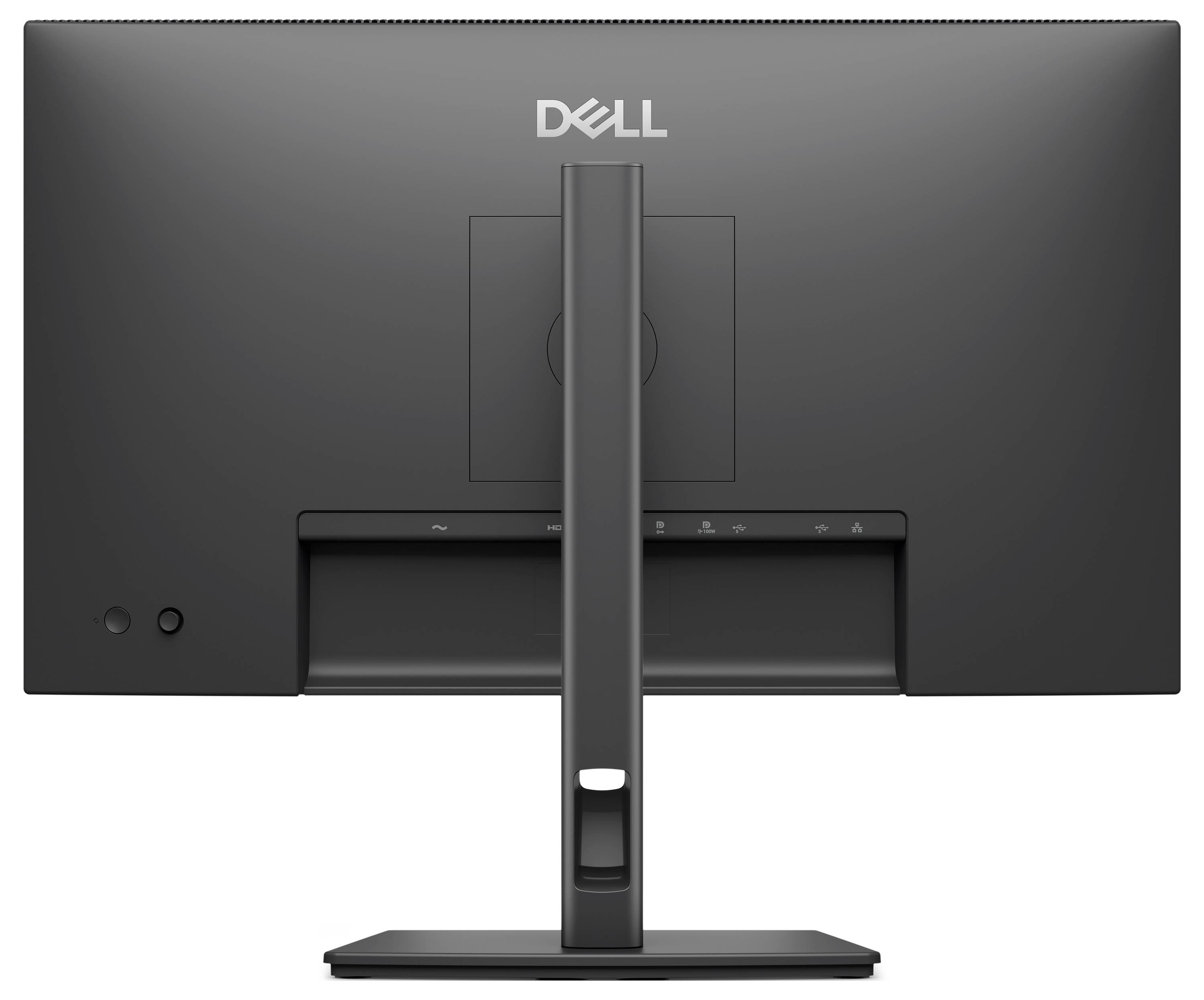 Rückansicht eines Dell-Desktop-Monitors auf einem Ständer, die die Rückwand und den Kabelbereich zeigt.