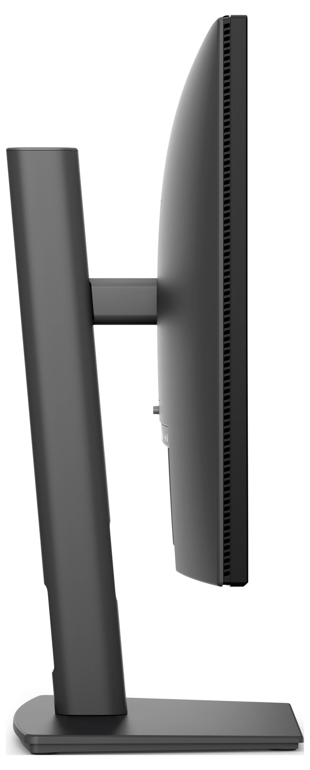Seitenansicht eines schwarzen Computermonitors auf einem Ständer.
