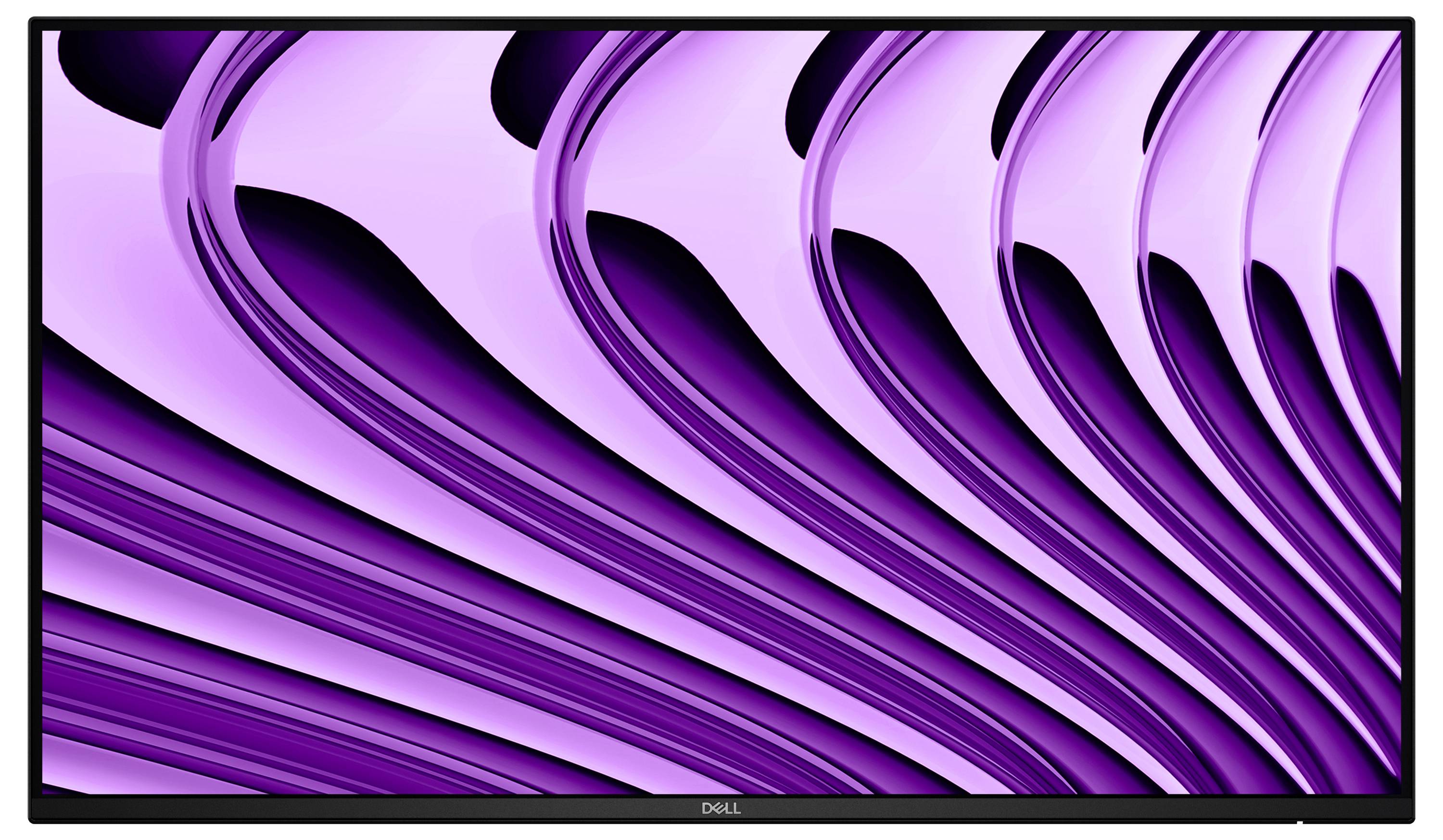 Dell-Monitor zeigt ein violettes abstraktes Bandmuster-Hintergrundbild mit fließenden geschwungenen Streifen auf dem Bildschirm.