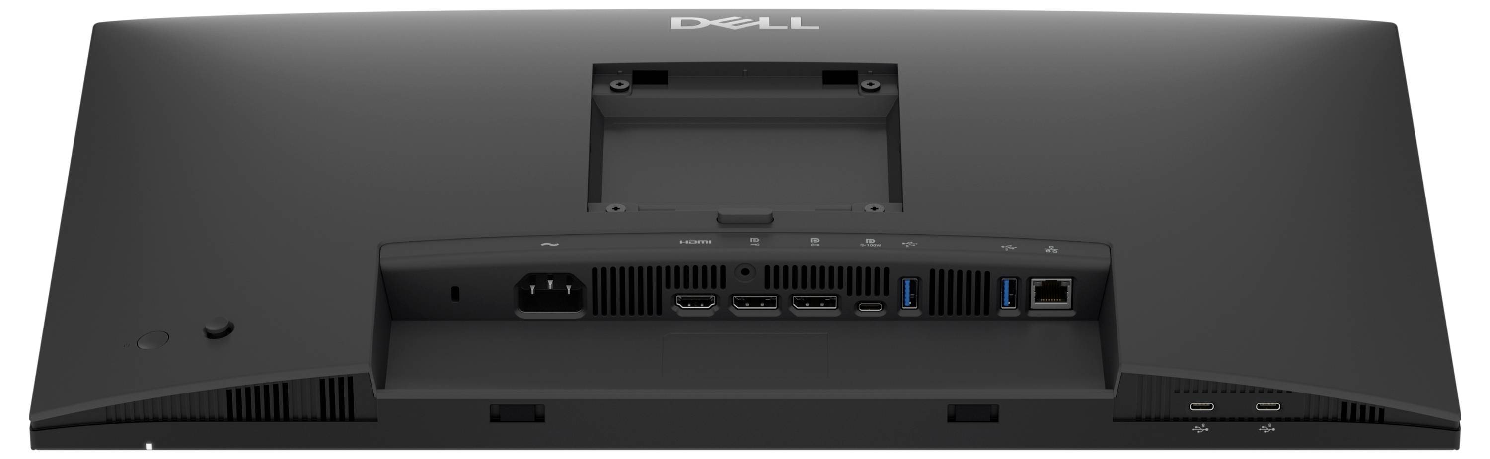 Rückansicht eines Dell-Monitors mit Ständerhalterung und Eingangsanschlüssen, einschließlich Stromversorgung, Video-, USB- und Audioverbindungen.
