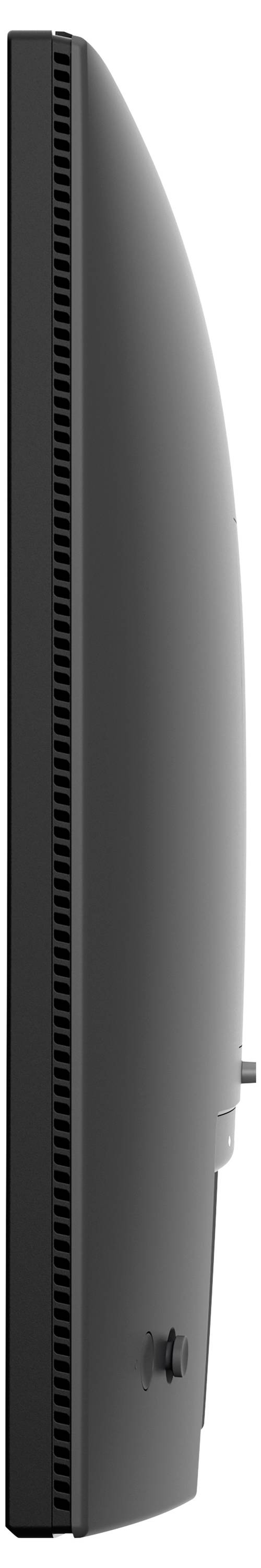 Seitenansicht eines schlanken schwarzen Desktop-Computers oder Monitors mit geschwungenem Rücken und vertikalen Lüftungsschlitzen.